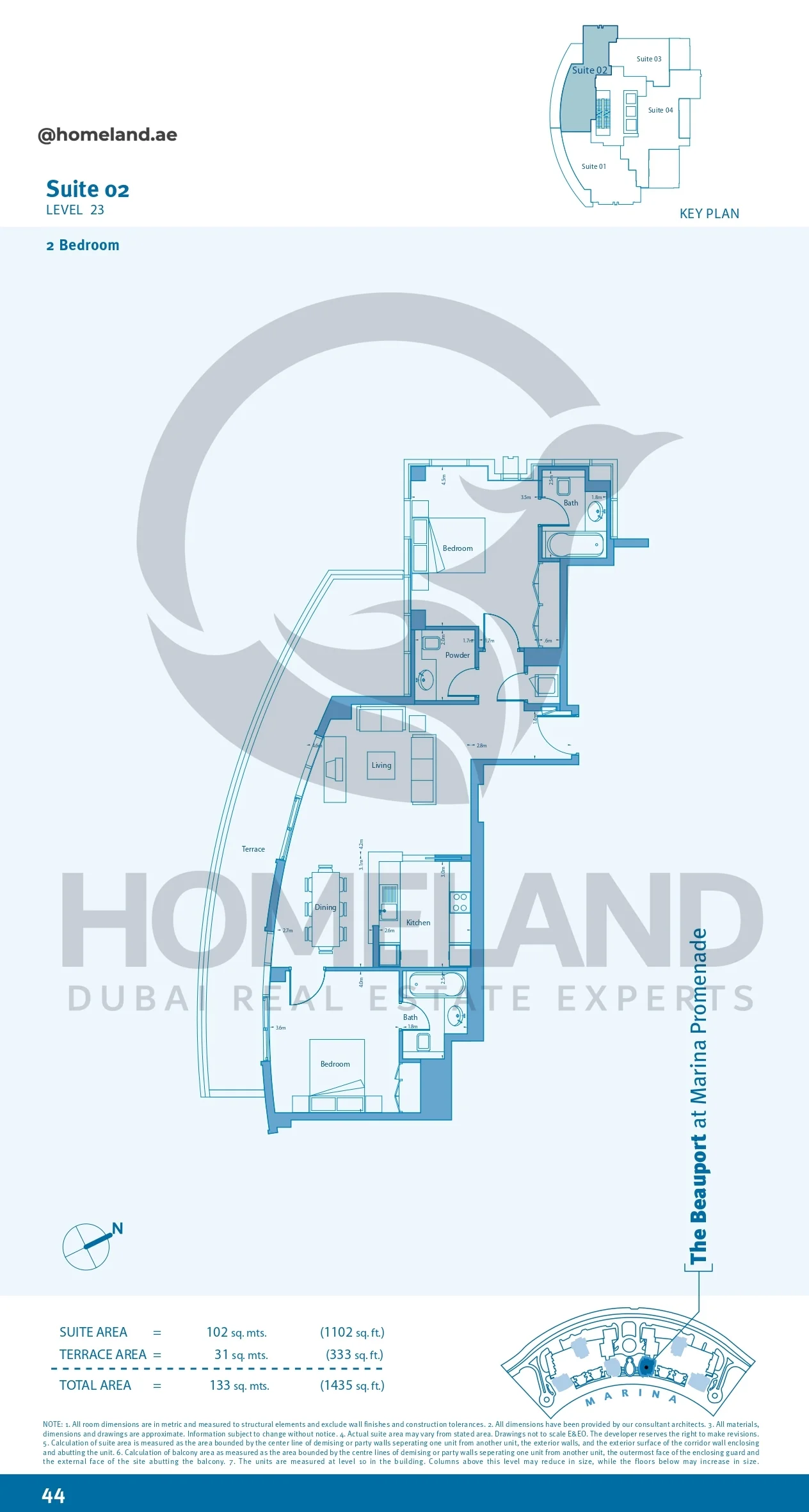 Marina Promenade The Beauport, 2BR, Suite 02, Level 23, 1435 SQFT