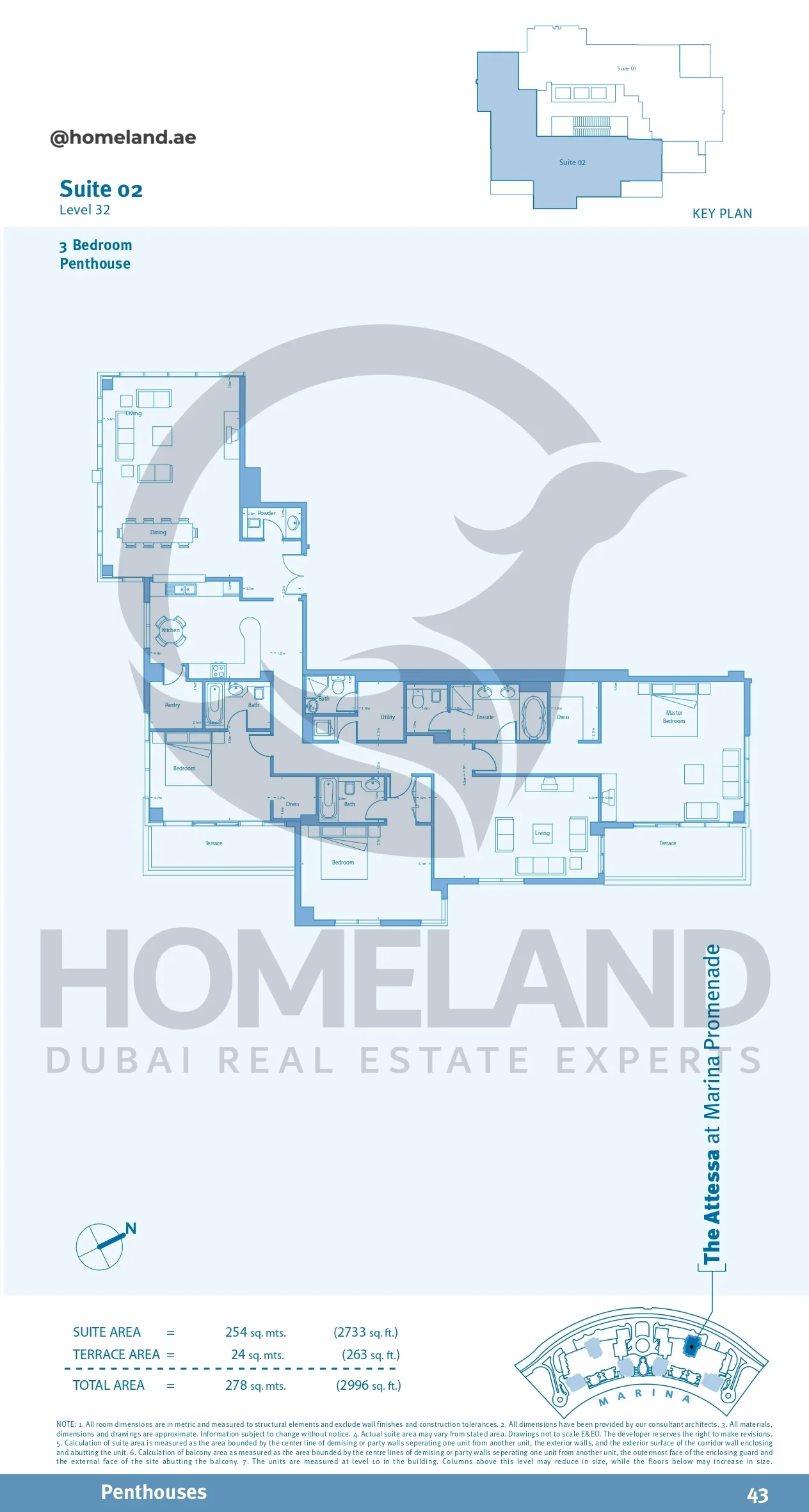Marina Promenade_The Attessa, Penthouse, 3BR, Suite 02, Level 32, 2996 SQFT