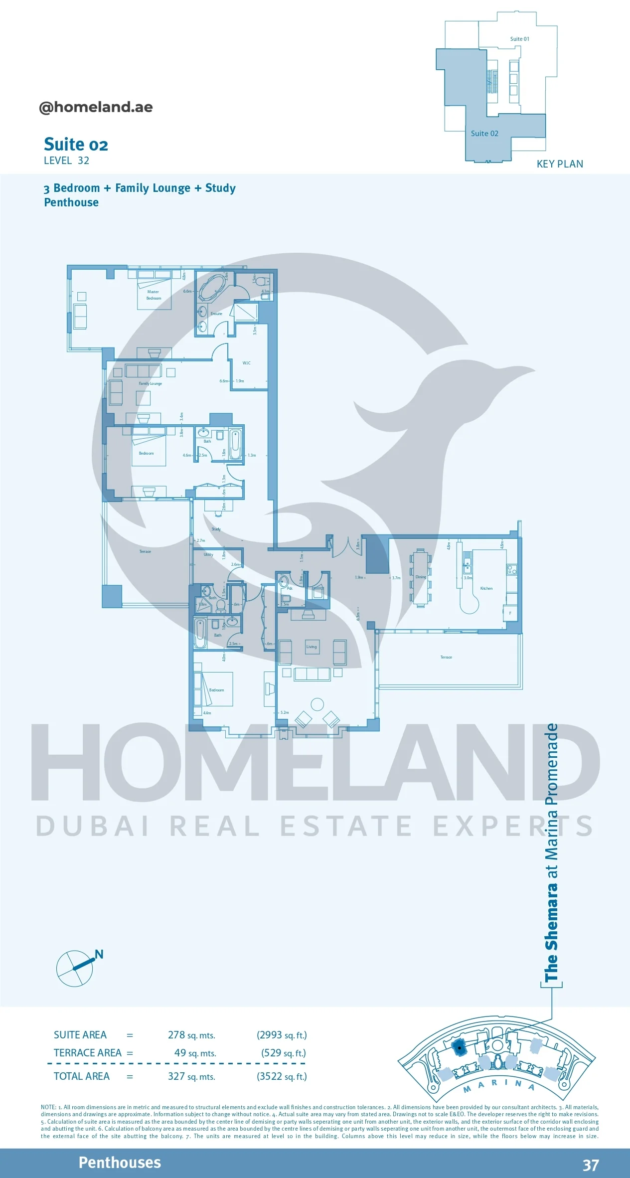 Marina Promenade_The Shemara, Penthouse, 3BR+Family Lounge+Study, Suite 02, Level 32, 3522 SQFT