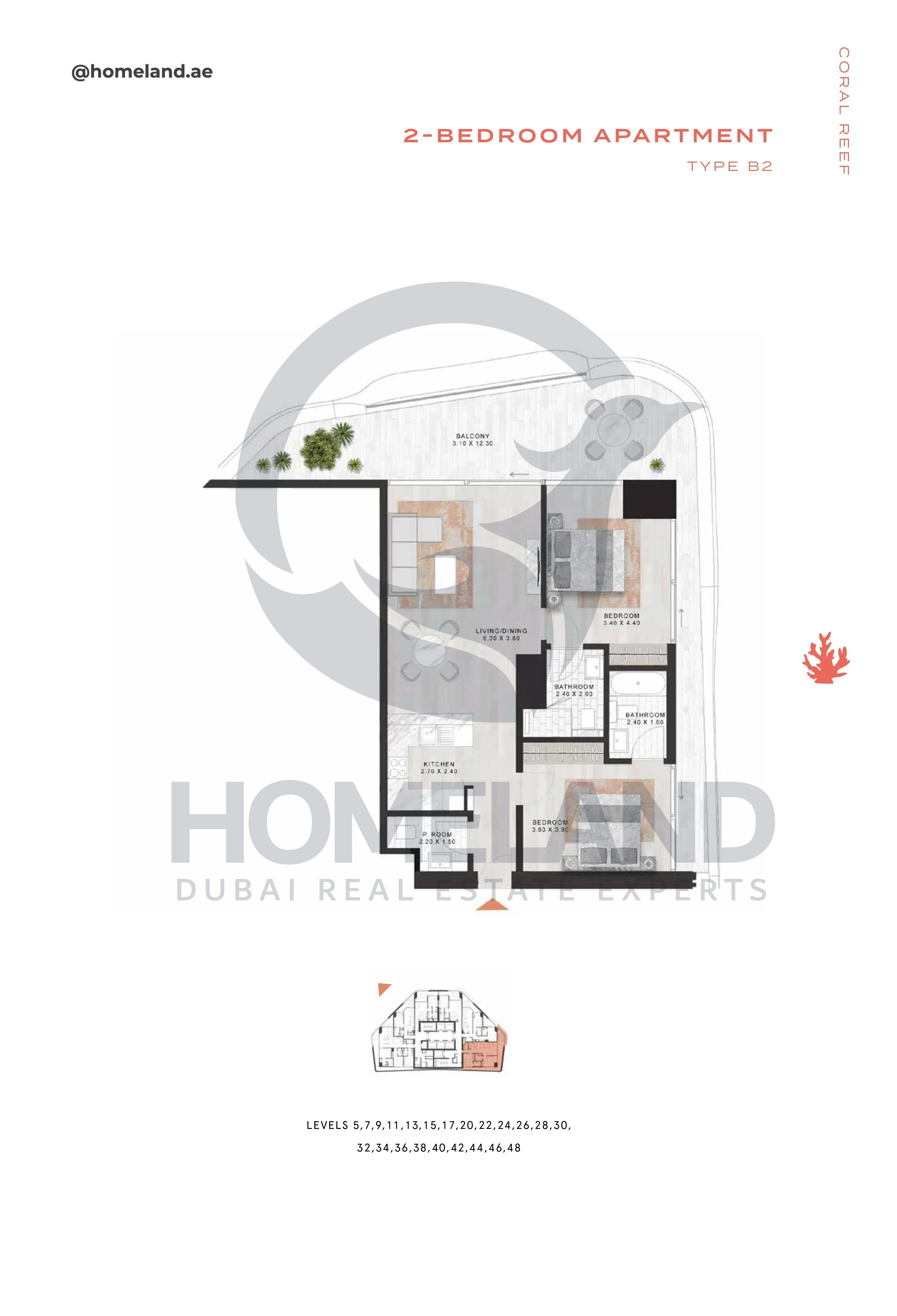 Coral Reef, 2BR, Type B2, Level 5-7-9-11-13-15-17-20-22-24-26-28-30-32-34-36-38-40-42-44-46-48