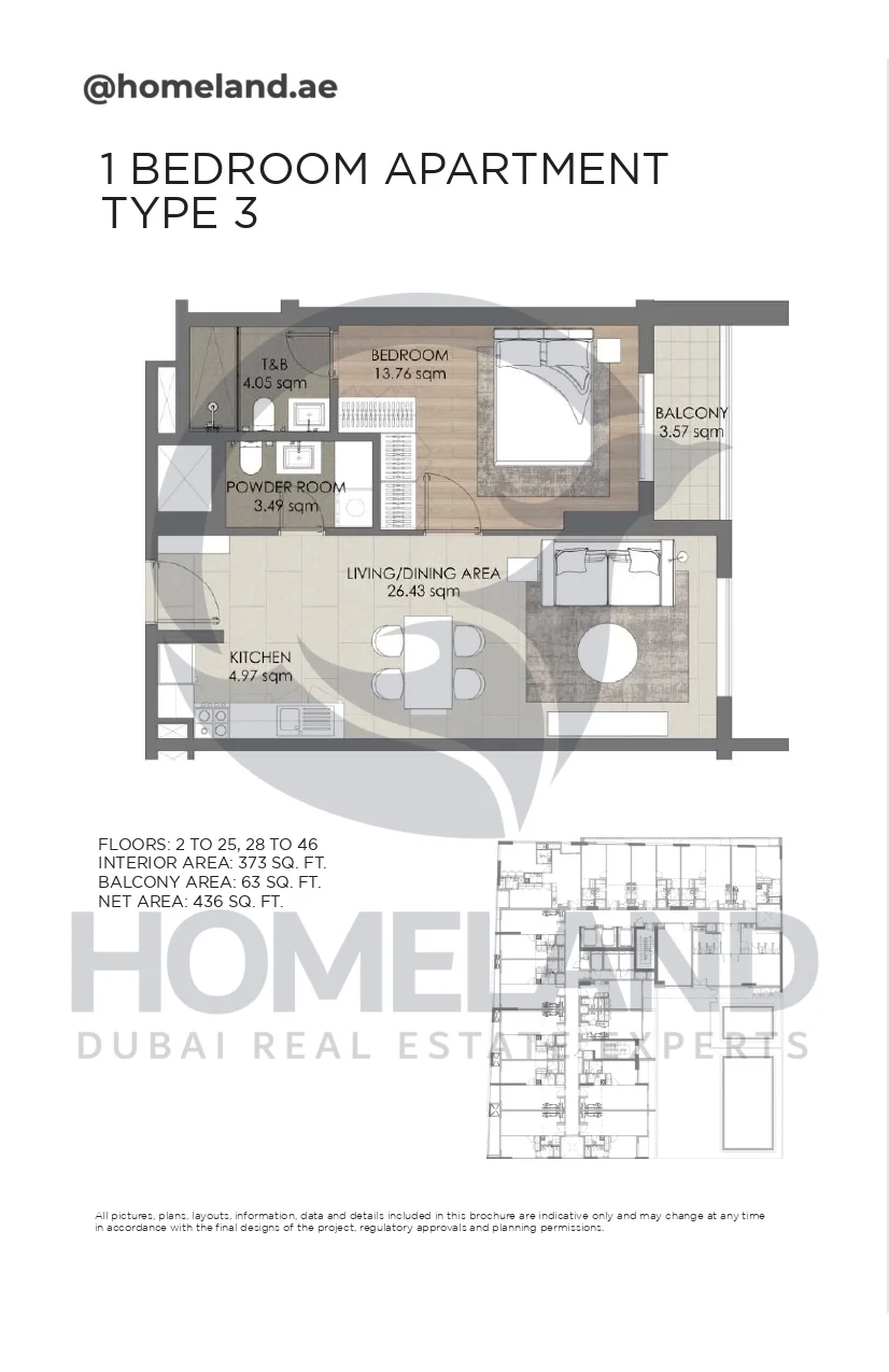 Concept 7 Residences, 1BR, Type 3, 2 to 25-28 to 46, 436 SQFT