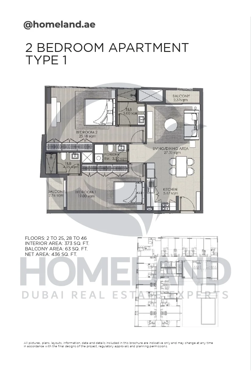 Concept 7 Residences, 2BR, Type 1, 2 to 25-28 to 46, 436 SQFT