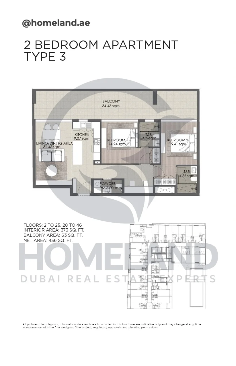 Concept 7 Residences, 2BR, Type 3, 2 to 25-28 to 46, 436 SQFT