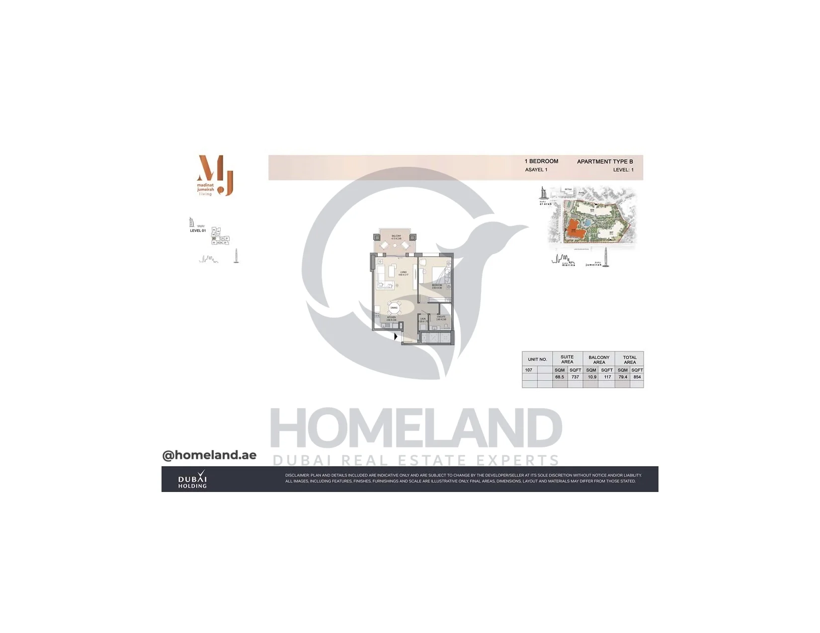 Asayel 1_MJL, 1BR, Type B, Level 1, Unit 107, 854 SQFT