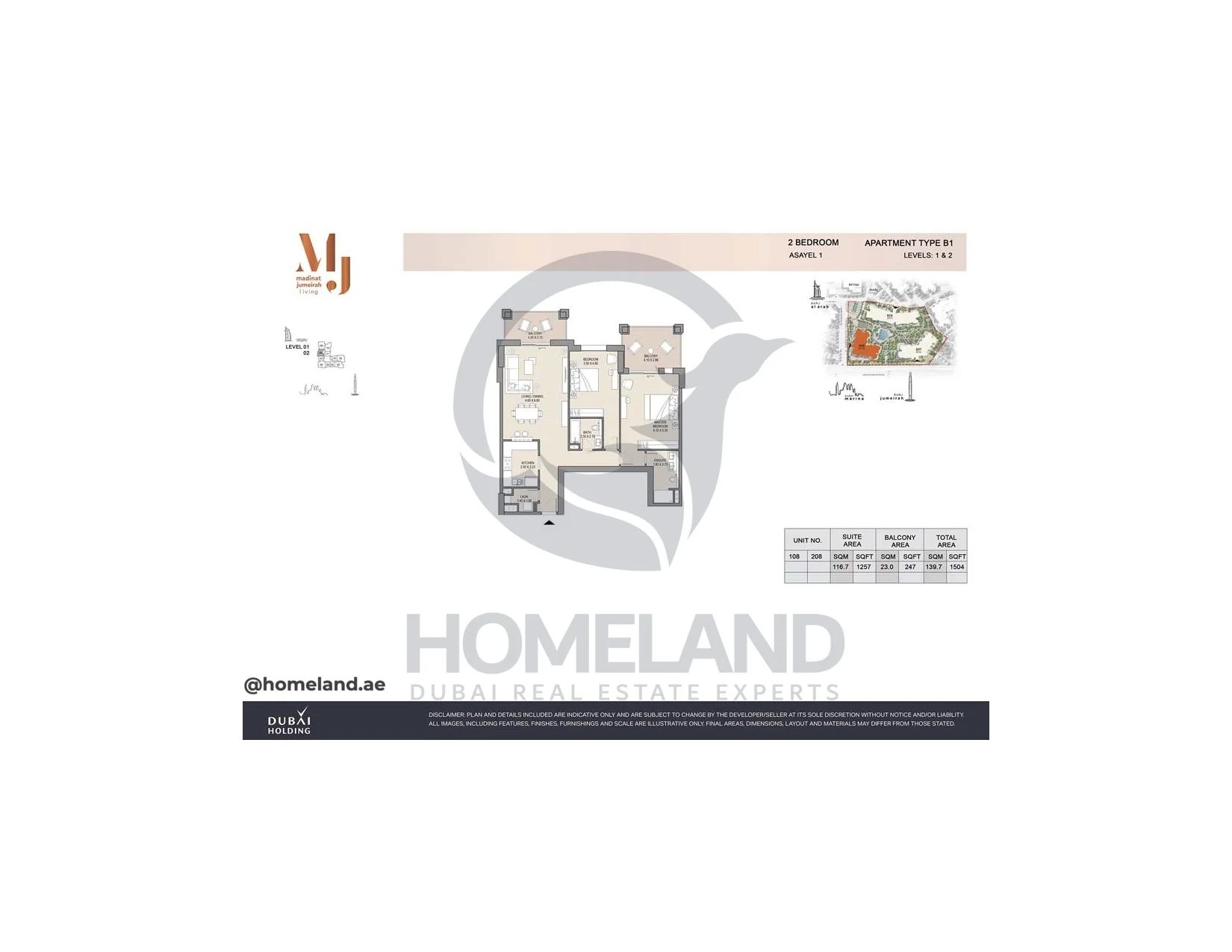 Asayel 1_MJL, 2BR, Type B1, Level 1 & 2, Unit 108-208, 1504 SQFT