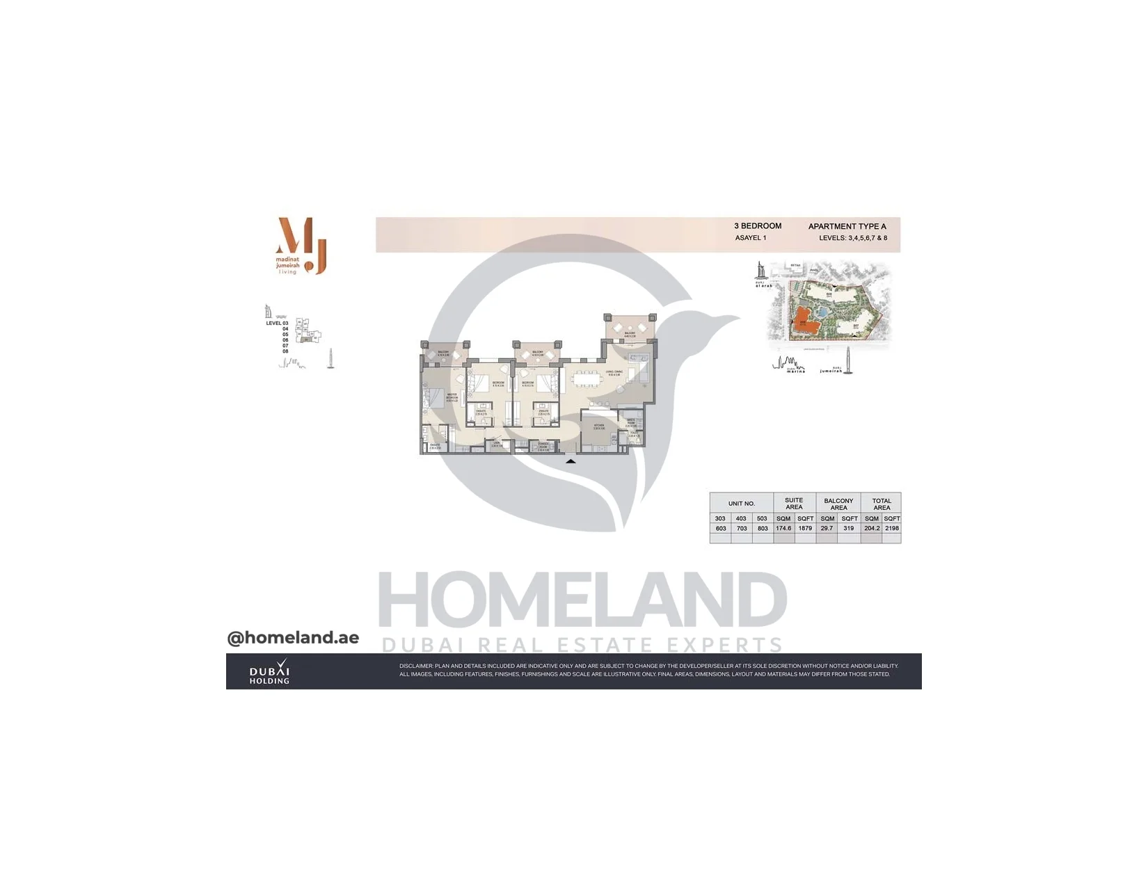 Asayel 1_MJL, 3BR, Type A, Level 3 to 8, Unit 303-403-503-603-703-803, 2198 SQFT