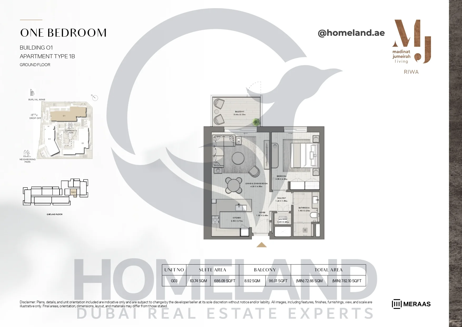 Riwa, Building 01, 1BR, Type 1B, Ground Floor, Unit G03, 782.10 SQFT