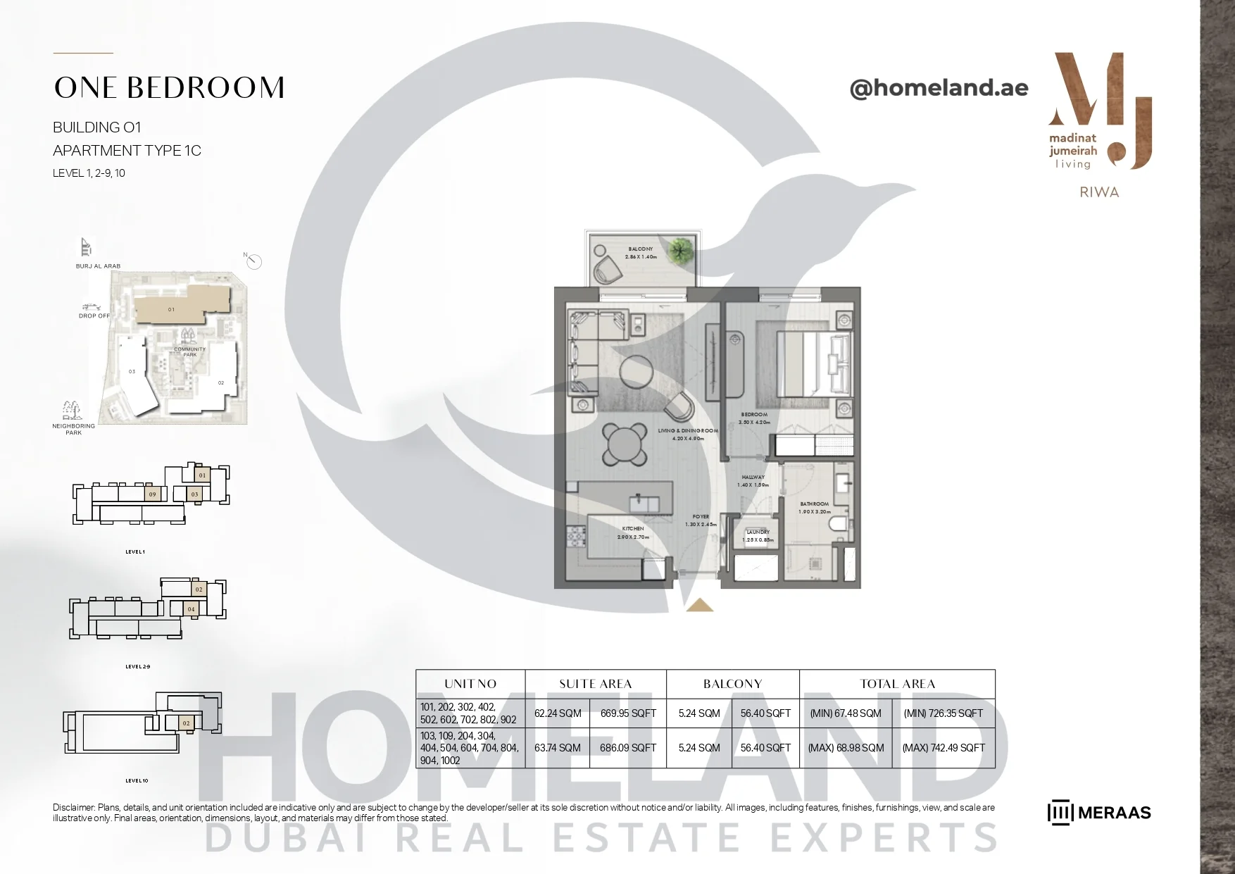 Riwa, Building 01, 1BR, Type 1C, Level 1 & 2-9 & 10, Unit 101-202-302-402-502-602-702-802-902-103-109-204-304-404-504-604-704-804-904-1002, 742.49 SQFT