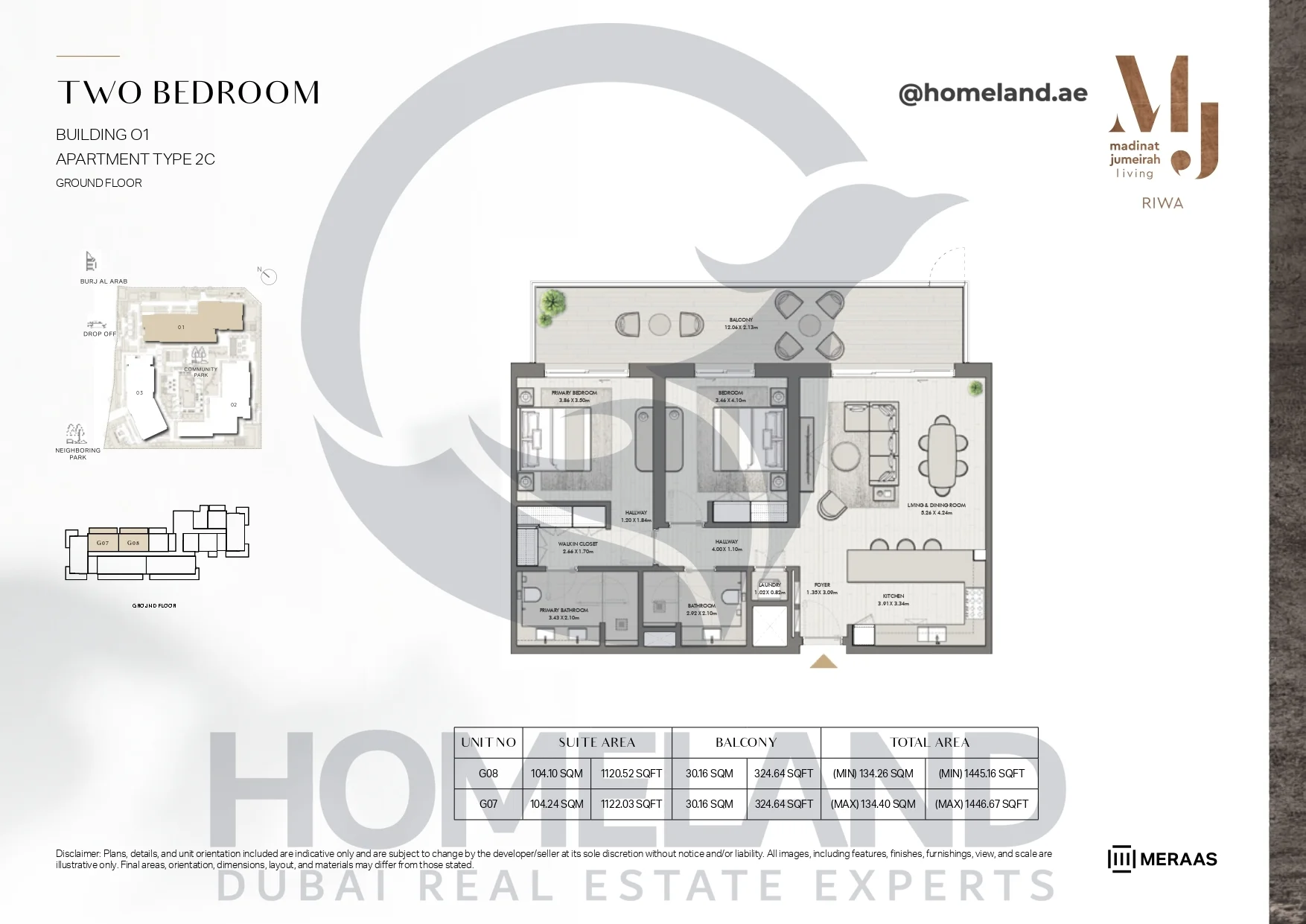 Riwa, Building 01, 2BR, Type 2C, Ground Floor, Unit G07-G08, 1446.67 SQFT