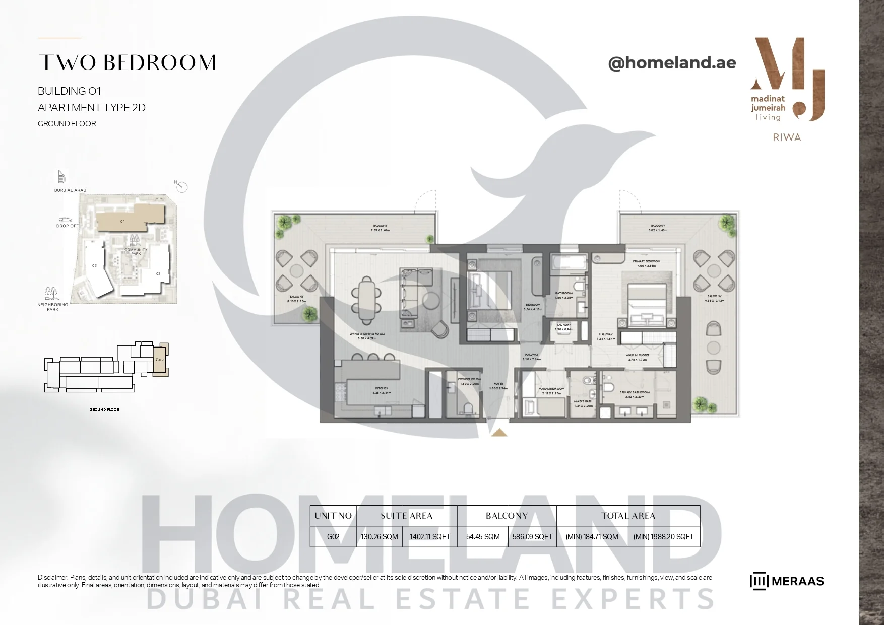 Riwa, Building 01, 2BR, Type 2D, Ground Floor, Unit G02, 1988.20 SQFT