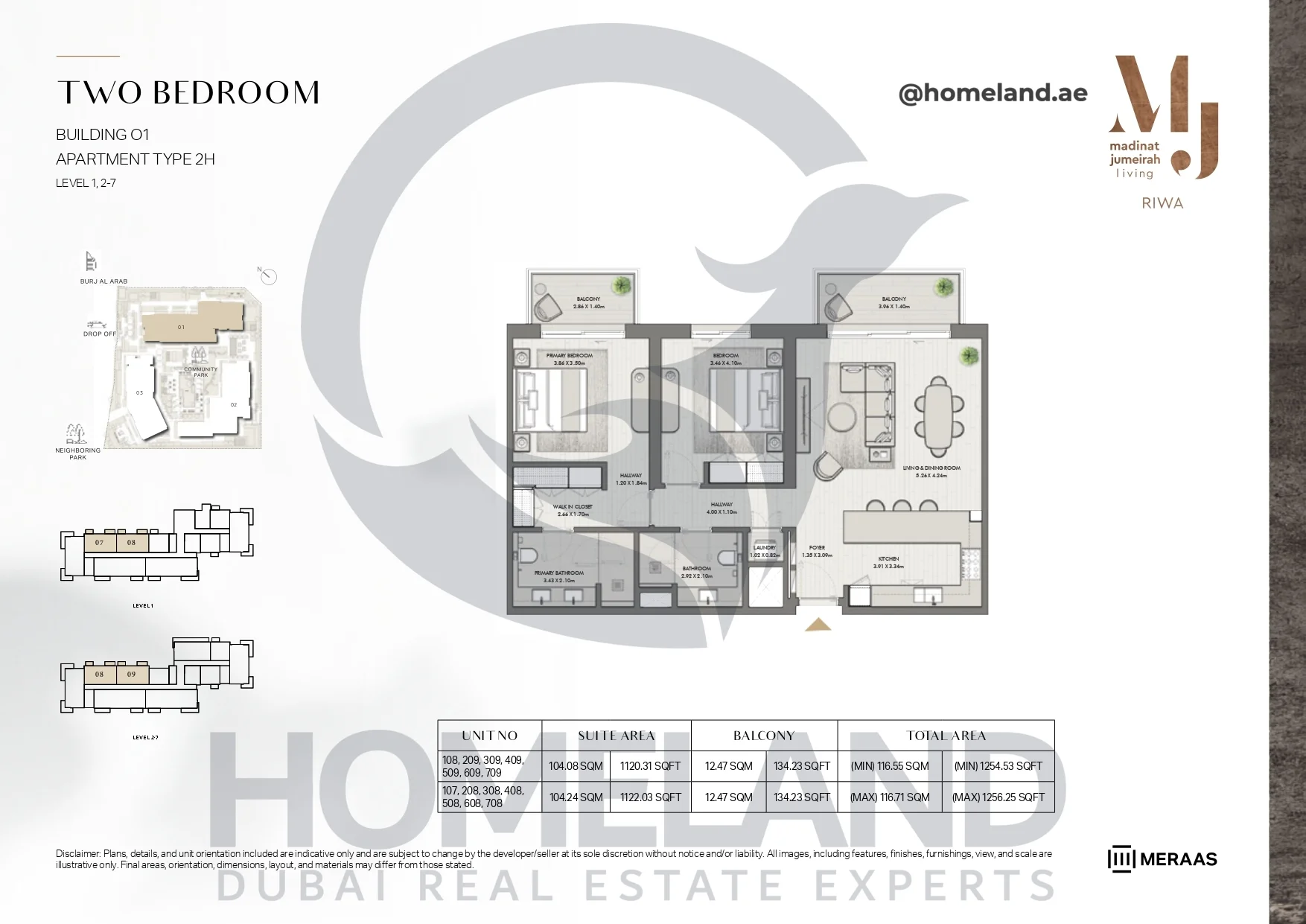 Riwa, Building 01, 2BR, Type 2H, Level 1 & 2-7, Unit 108-209-309-409-509-609-709-107-208-308-408-508-608-708, 1256.25 SQFT