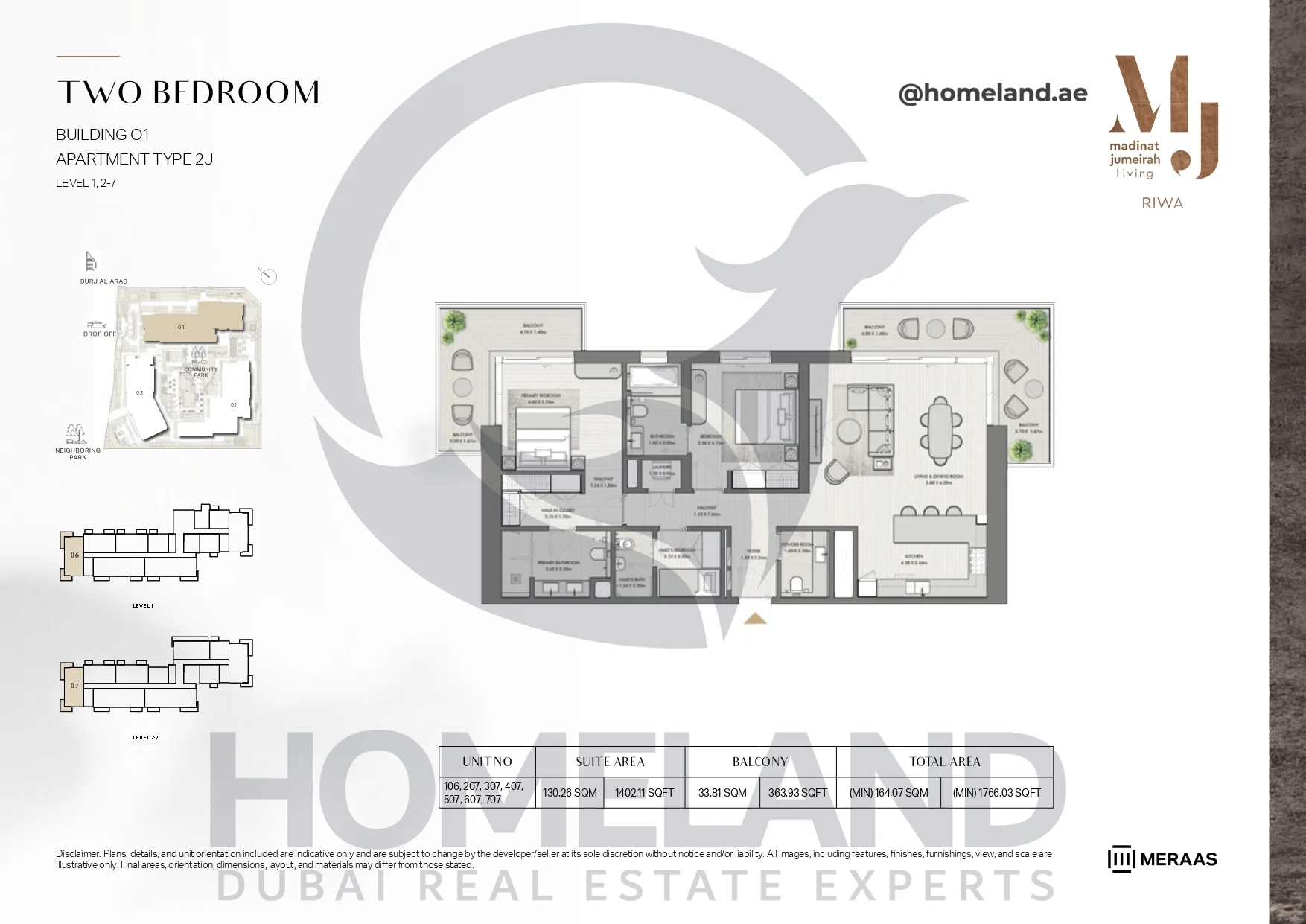 Riwa, Building 01, 2BR, Type 2J, Level 1 & 2-7, Unit 106-207-307-407-507-607-707, 1766.03 SQFT