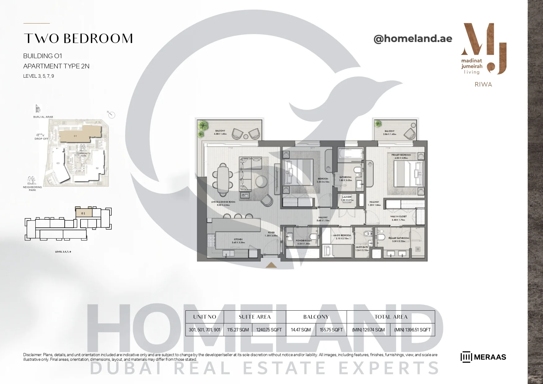 Riwa, Building 01, 2BR, Type 2N, Level 3 & 5 & 7 & 9, Unit 301-501-701-901, 1396.51 SQFT