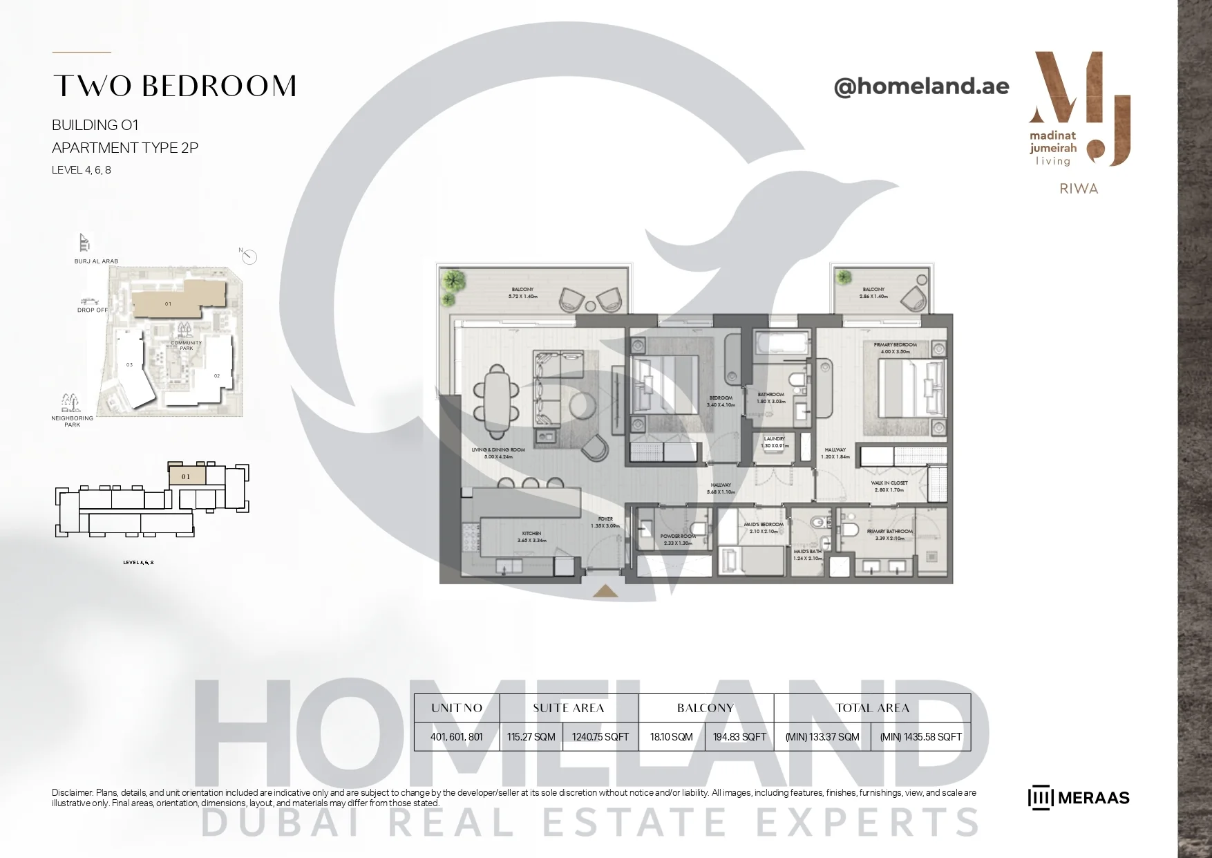 Riwa, Building 01, 2BR, Type 2P, Level 4 & 6 & 8, Unit 401-601-801, 1435.58 SQFT