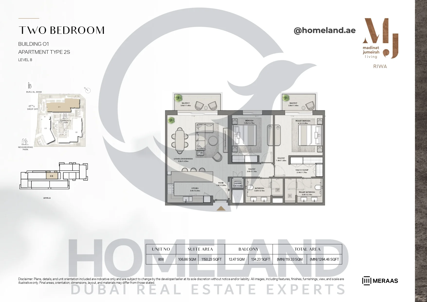 Riwa, Building 01, 2BR, Type 2S, Level 8, Unit 808, 1284.46 SQFT