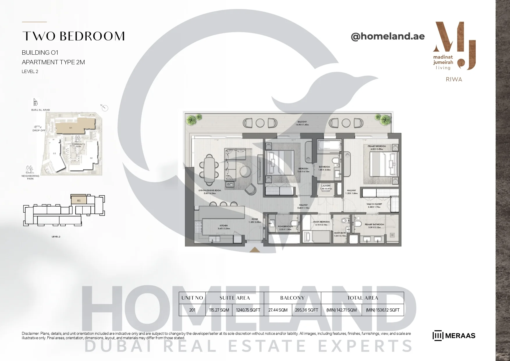 Riwa, Building 01, 2BR, Type 2M, Level 2, Unit 201, 1536.12 SQFT
