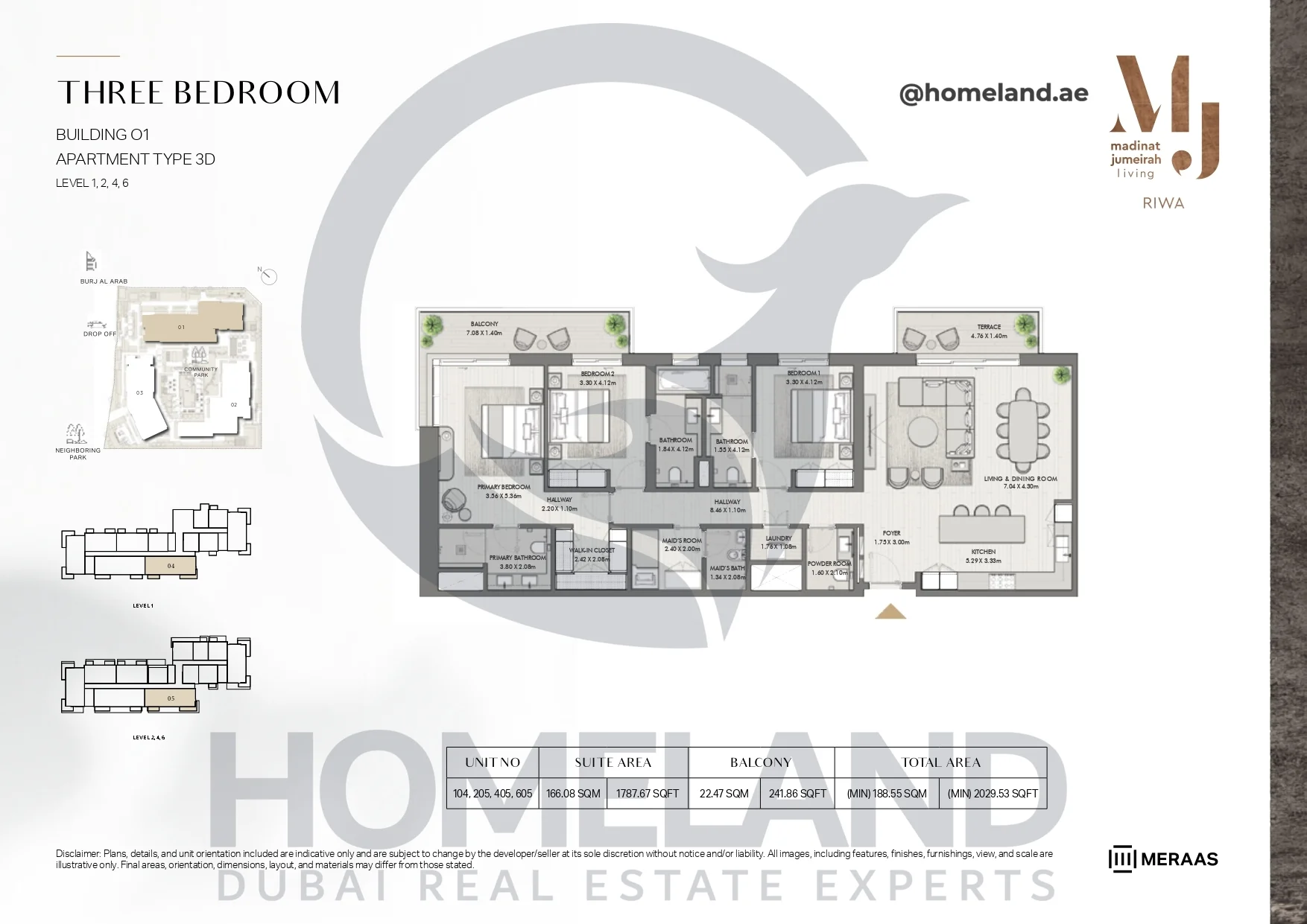 Riwa, Building 01, 3BR, Type 3D, Level 1 & 2 & 4 & 6, Unit 104-205-405-605, 2029.53 SQFT