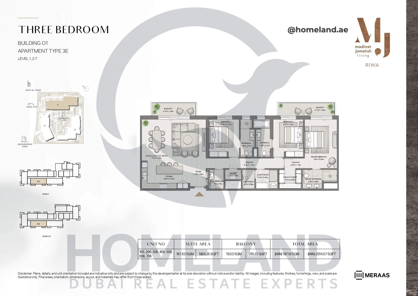 Riwa, Building 01, 3BR, Type 3E, Level 1 & 2-7, Unit 105-206-306-406-506-606-706, 2014.57 SQFT