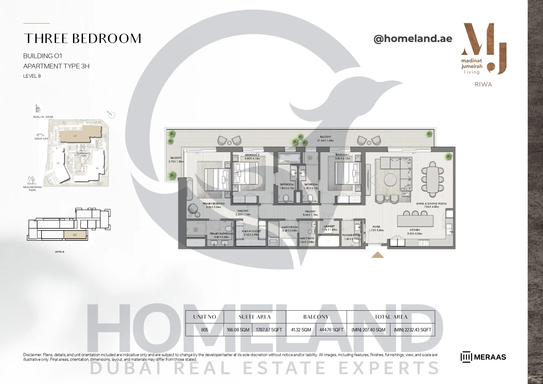 Riwa, Building 01, 3BR, Type 3H, Level 8, Unit 805, 2232.43 SQFT