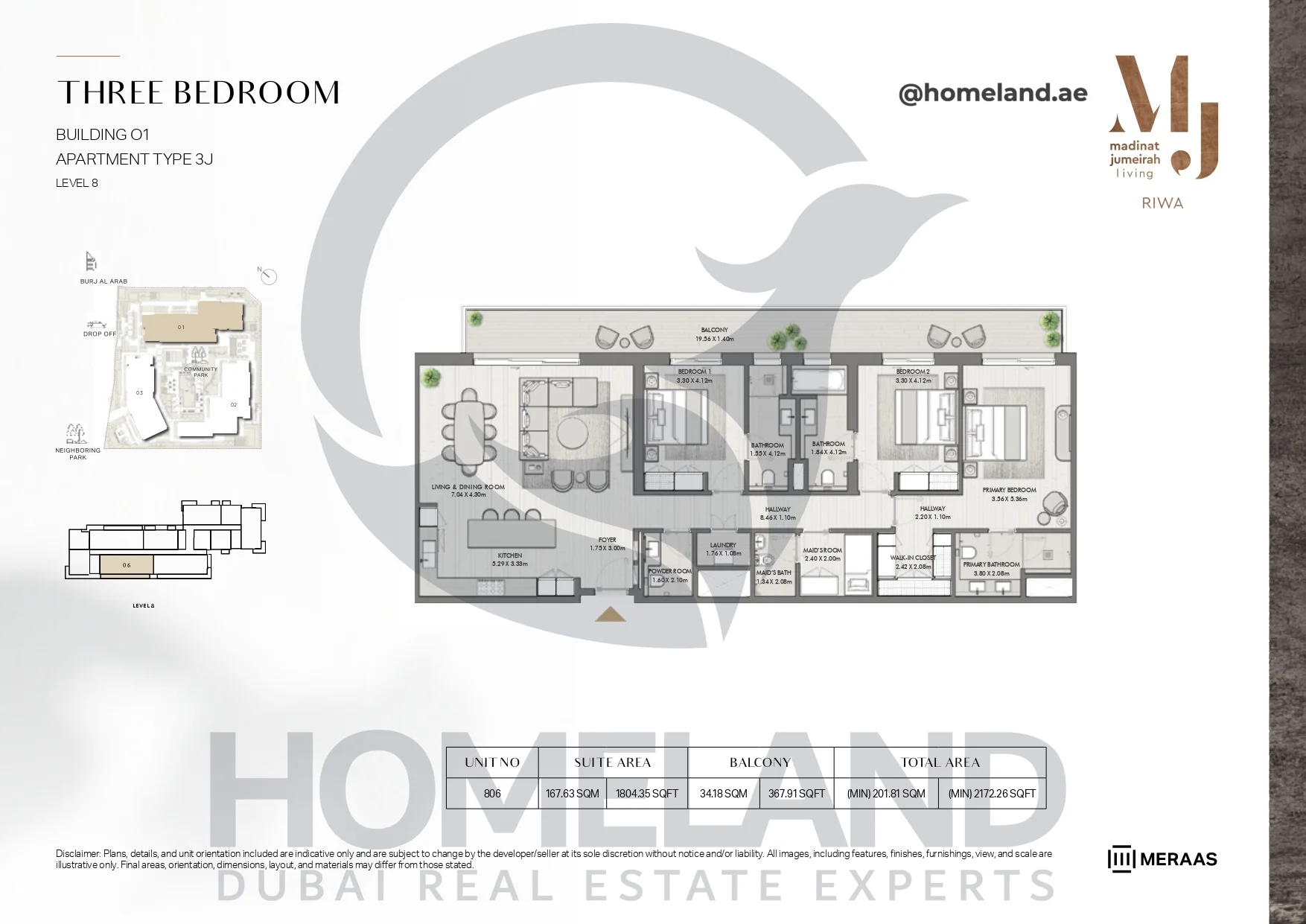 Riwa, Building 01, 3BR, Type 3J, Level 8, Unit 806, 2172.26 SQFT