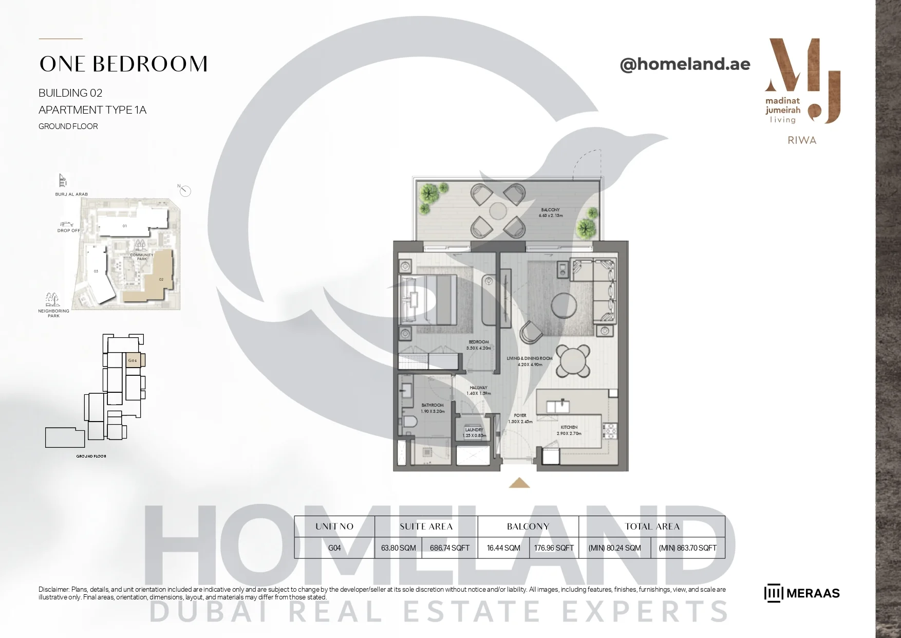 Riwa, Building 02, 1BR, Type 1A, Ground Floor, Unit G04, 863.70 SQFT