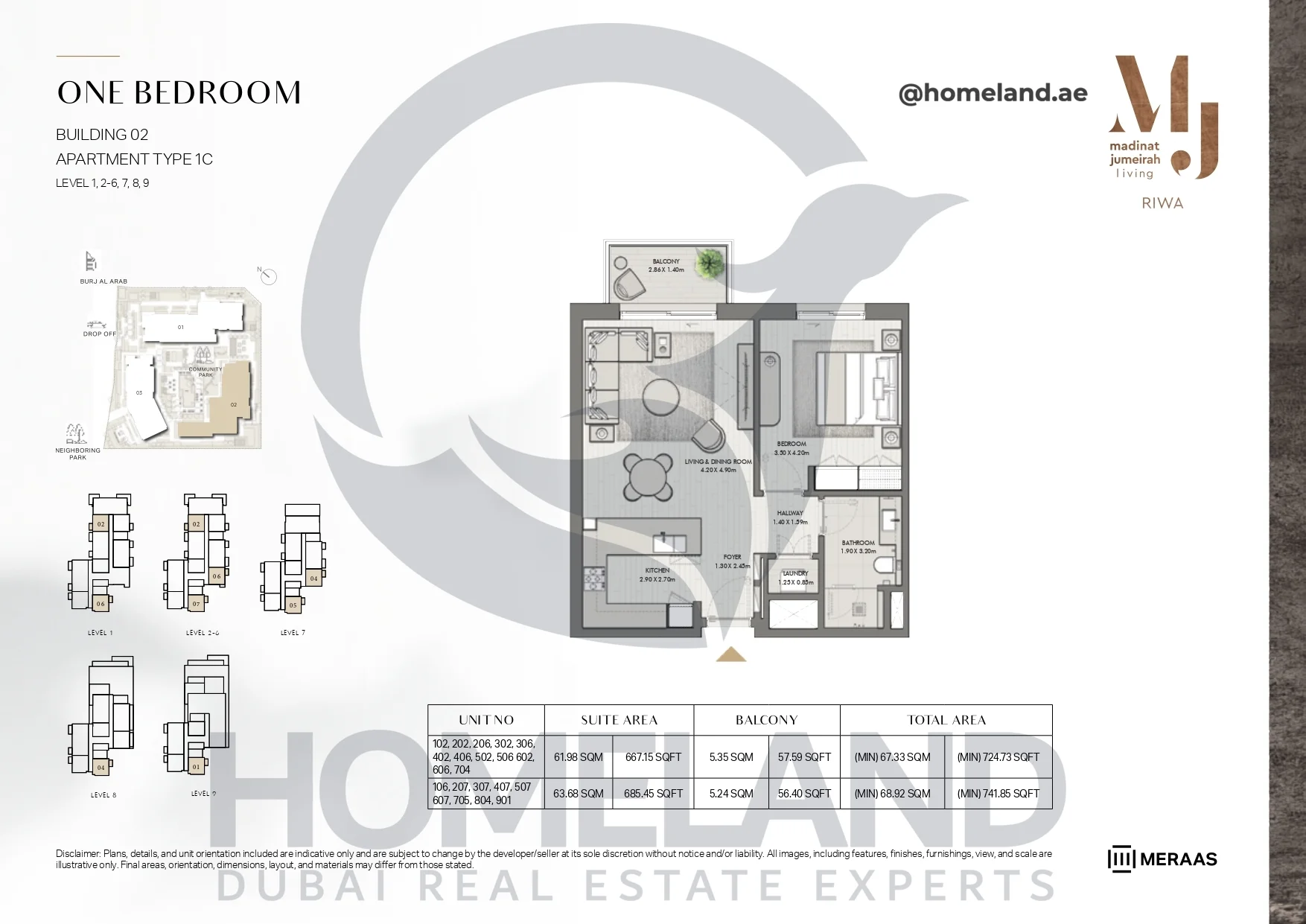 Riwa, Building 02, 1BR, Type 1C, Level 1 & 2-6 & 7 & 8 & 9, Unit 102-202-206-302-306-402–406-502-506-602-606-704-106-207-307-407-507-607-705-804-901, 741.85 SQFT