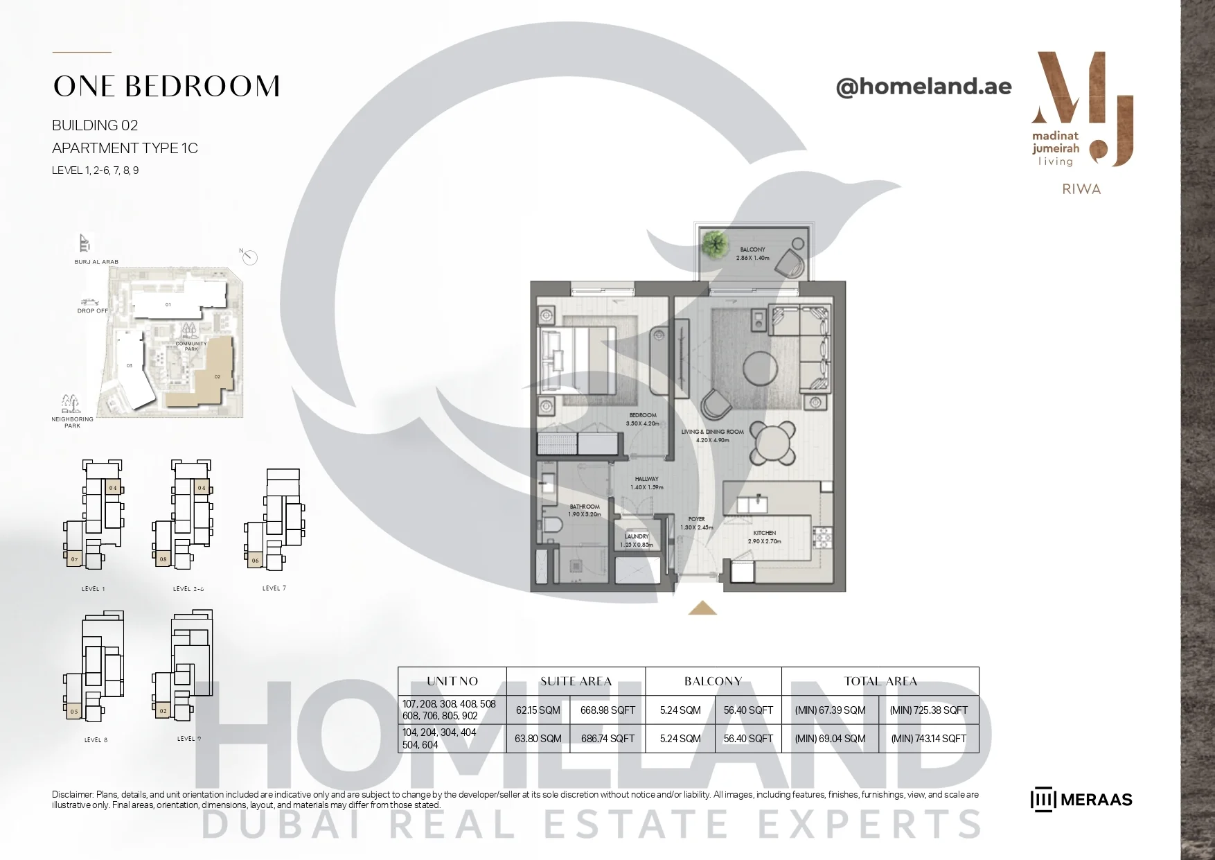 Riwa, Building 02, 1BR, Type 1C, Level 1 & 2-6 & 7 & 8 & 9, Unit 107-208-308-408-508-608-706-805-902-104-204-304-404-504-604, 743.14 SQFT