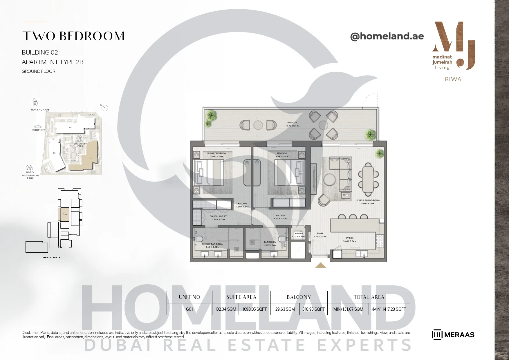 Riwa, Building 02, 2BR, Type 2B, Ground Floor, Unit G01, 1417.28 SQFT