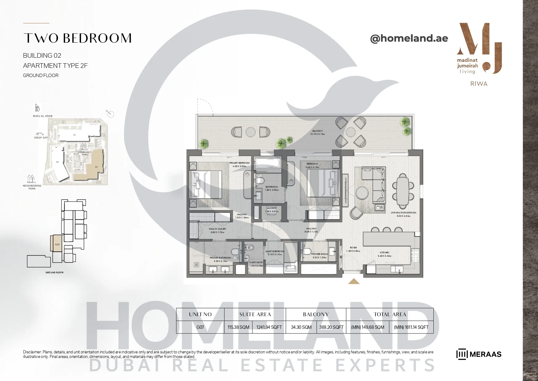 Riwa, Building 02, 2BR, Type 2F, Ground Floor, Unit G07, 1611.14 SQFT