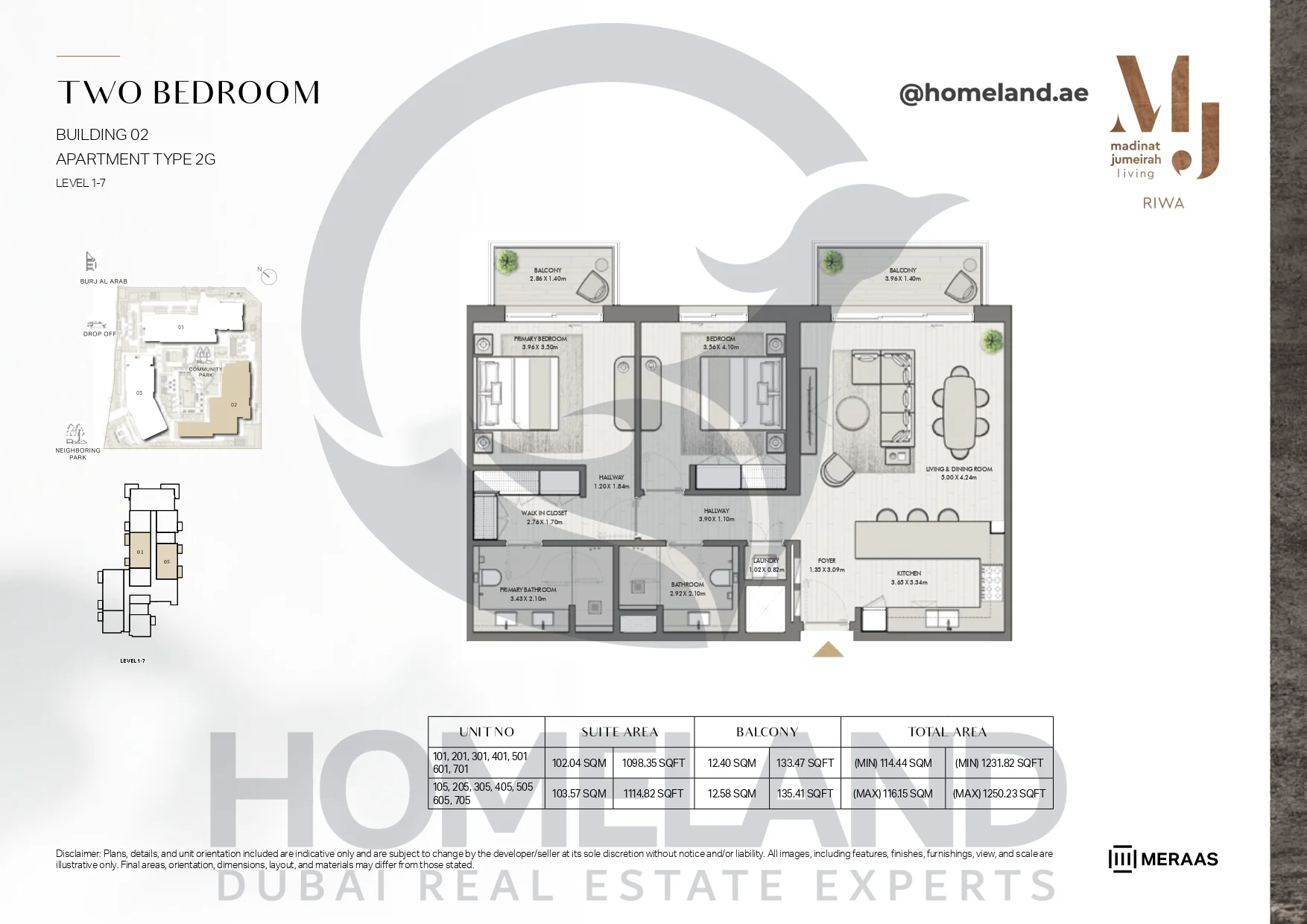 Riwa, Building 02, 2BR, Type 2G, Level 1-7, Unit 101-201-301-401-501-601-701-105-205-305-405-505-605-705, 1250.23 SQFT