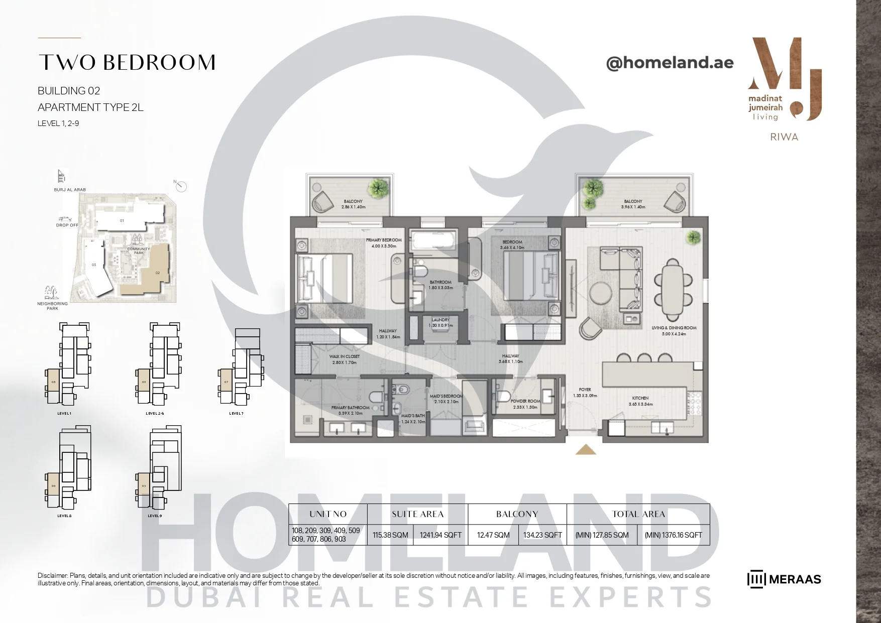 Riwa, Building 02, 2BR, Type 2L, Level 1 & 2-9, Unit 108-209-309-409-509-609-707-806-903, 1376.16 SQFT