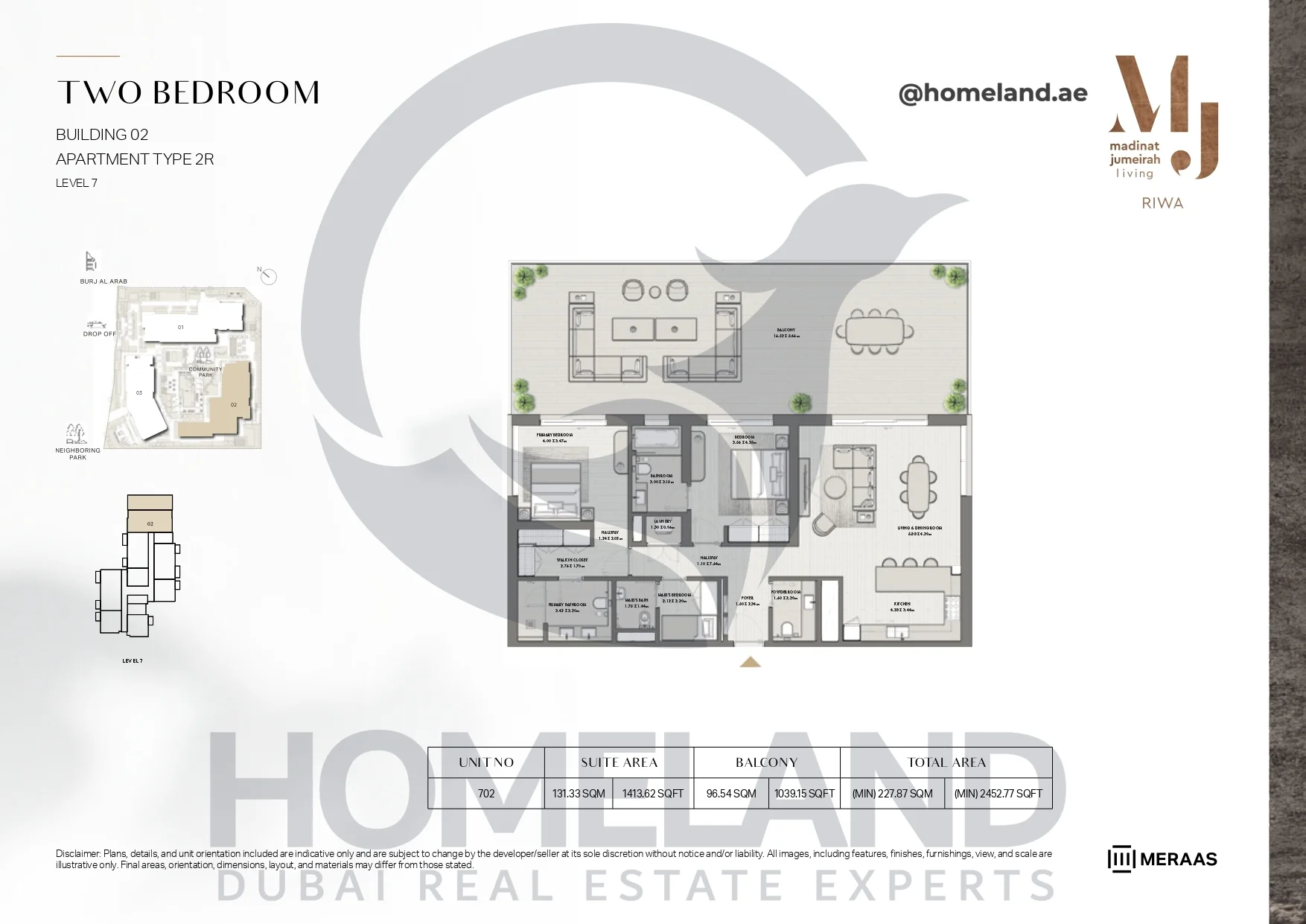 Riwa, Building 02, 2BR, Type 2R, Level 7, Unit 702, 2452.77 SQFT
