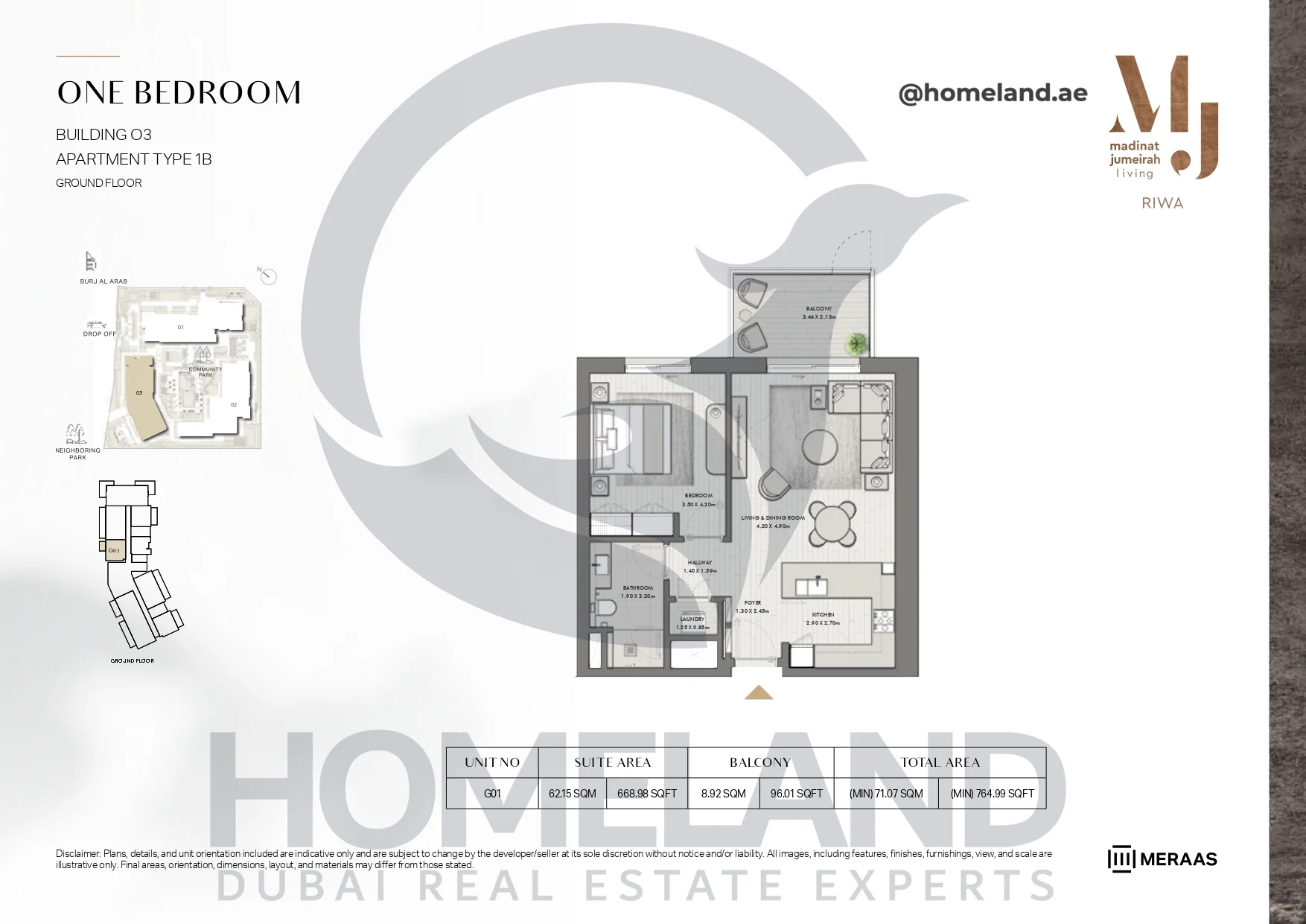 Riwa, Building 03, 1BR, Type 1B, Ground Floor, Unit G01, 764.99 SQFT