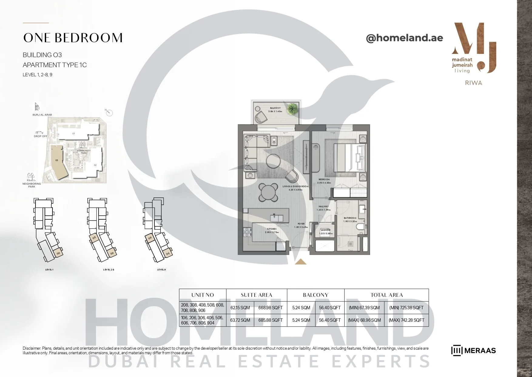 Riwa, Building 03, 1BR, Type 1C, Level 1 & 2-8 & 9, Unit 208-308-408-508-608-708-808-906-106-206-306-406-506-606-706-806-904, 742.28 SQFT