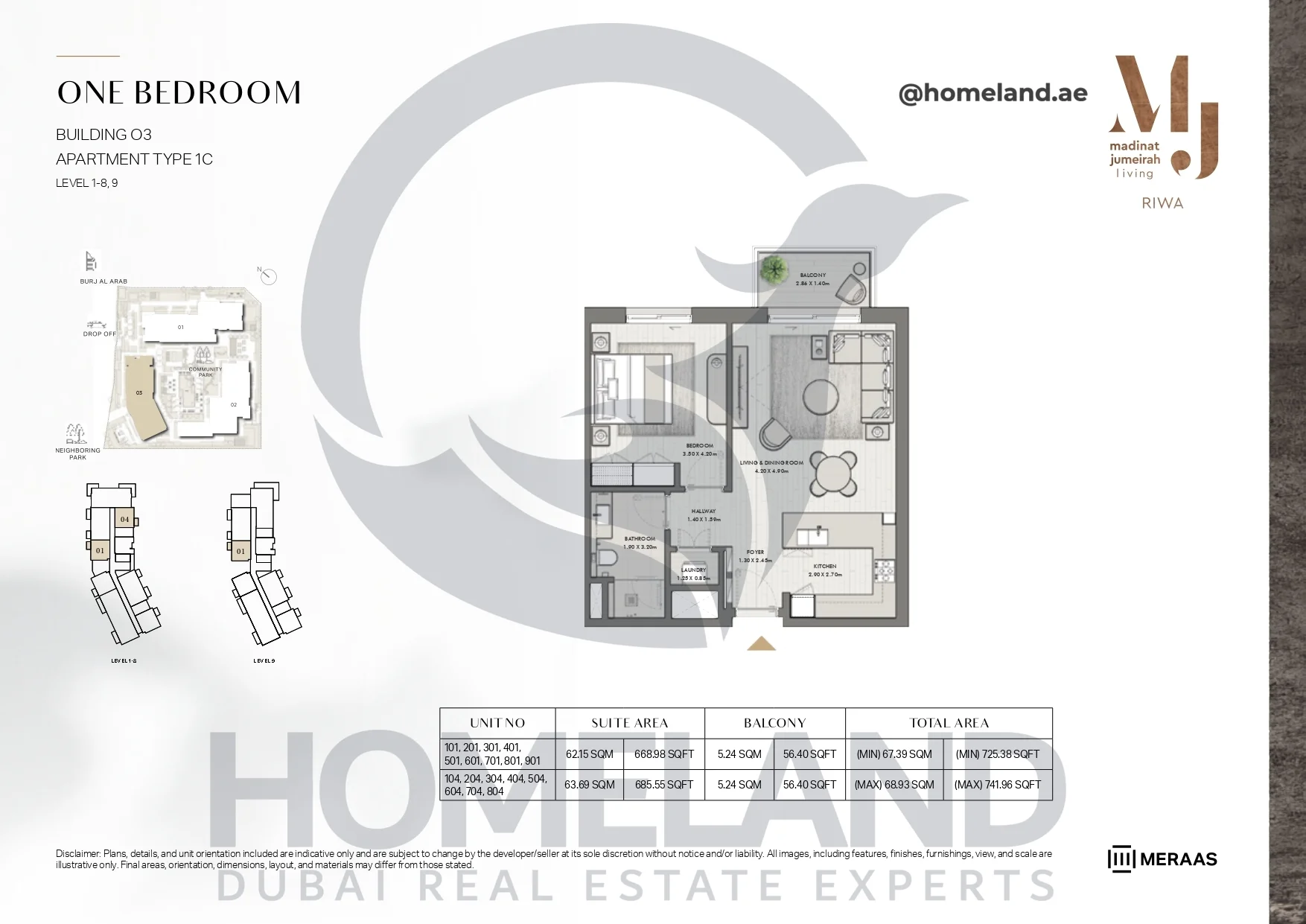 Riwa, Building 03, 1BR, Type 1C, Level 1-8 & 9, Unit 101-201-301-401-501-601-701-801-901-104-204-304-404-504-604-704-804, 741.96 SQFT