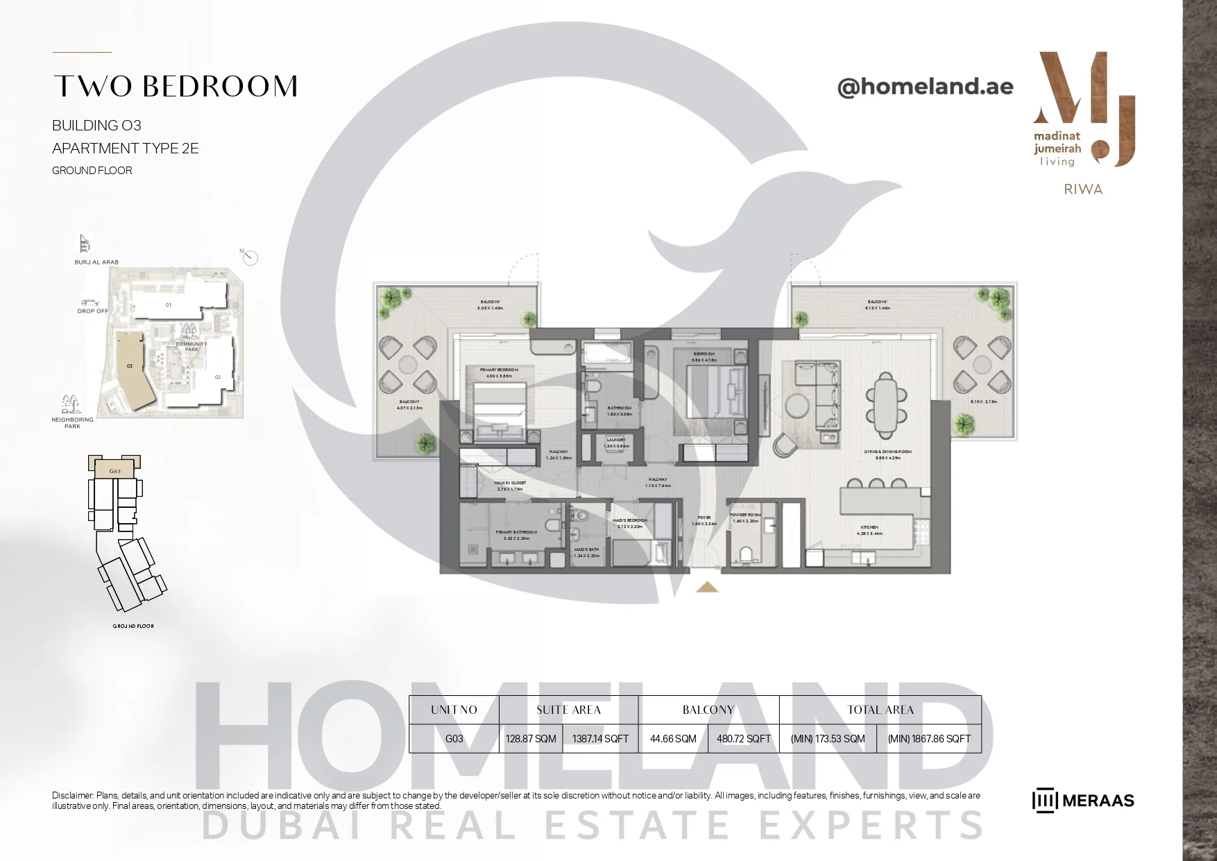 Riwa, Building 03, 2BR, Type 2E, Ground Floor, Unit G03, 1867.86 SQFT
