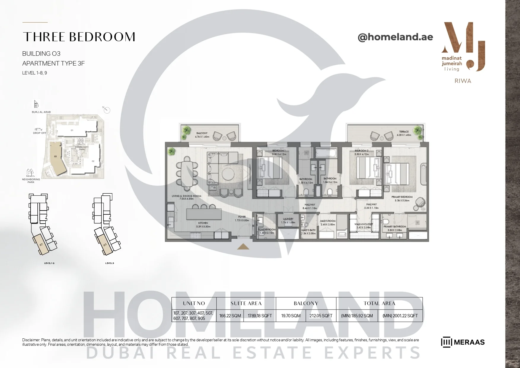 Riwa, Building 03, 3BR, Type 3F, Level 1-8 & 9, Unit 107-207-307-407-507-607-707-807-905, 2001.22 SQFT