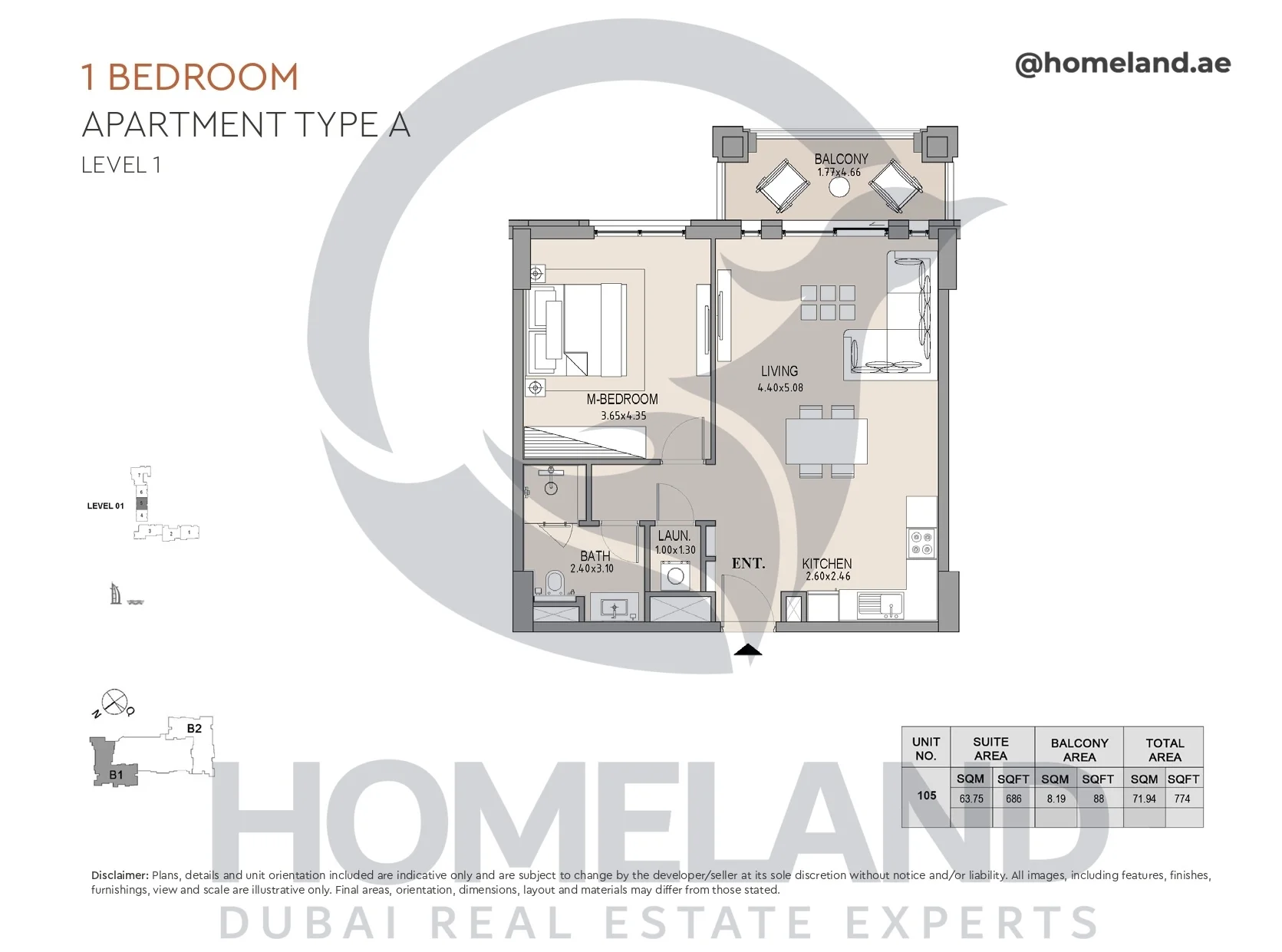 Lamtara, Building 1, 1BR, Type A, Level 1, Unit 105, 774 SQFT