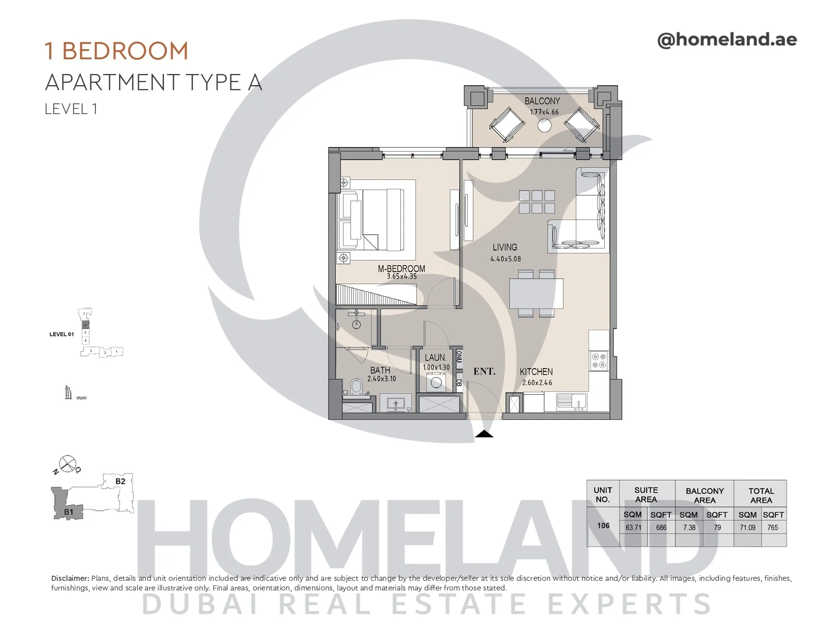 Lamtara, Building 1, 1BR, Type A, Level 1, Unit 106, 765 SQFT