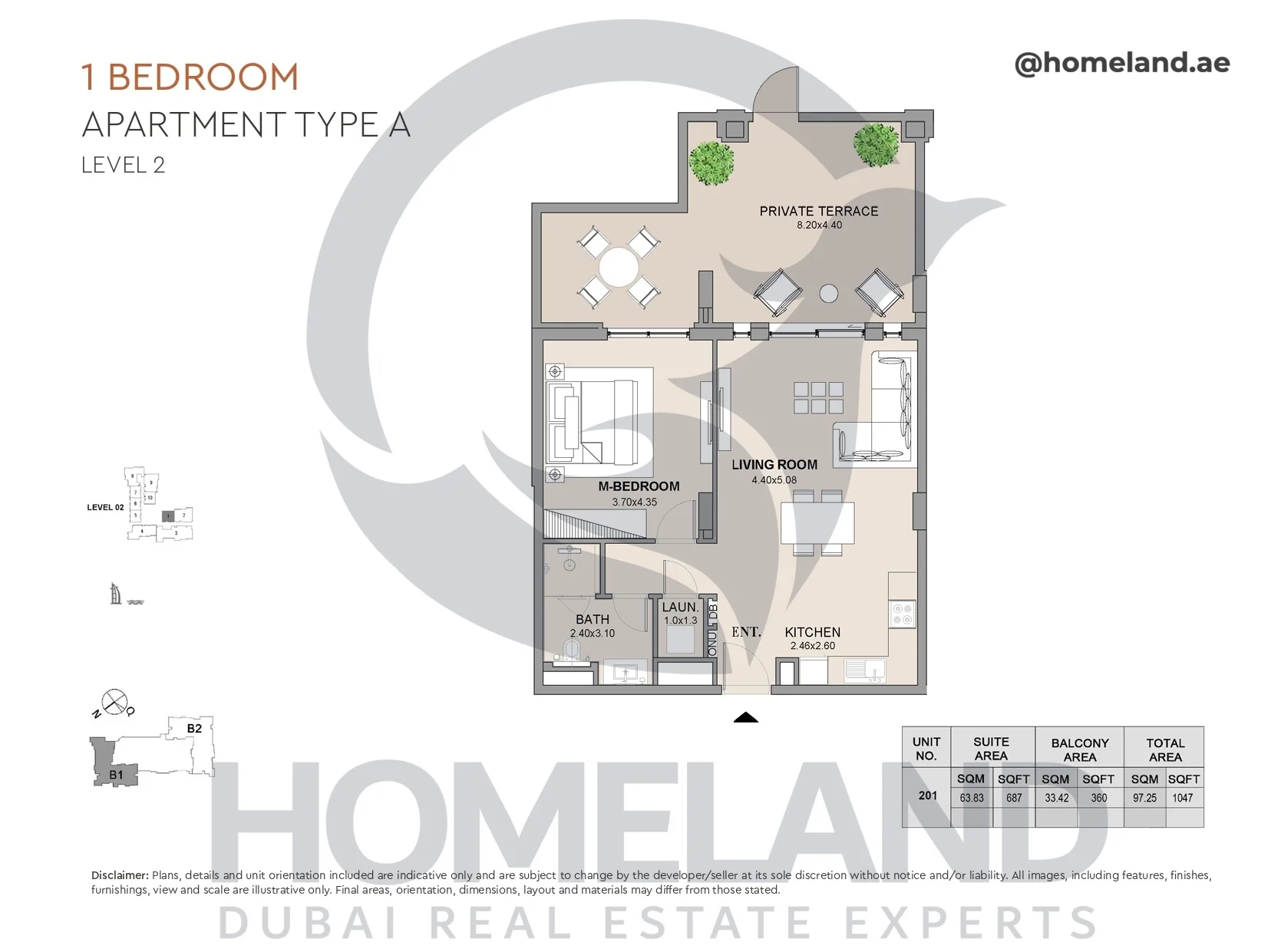 Lamtara, Building 1, 1BR, Type A, Level 2, Unit 201, 1047 SQFT