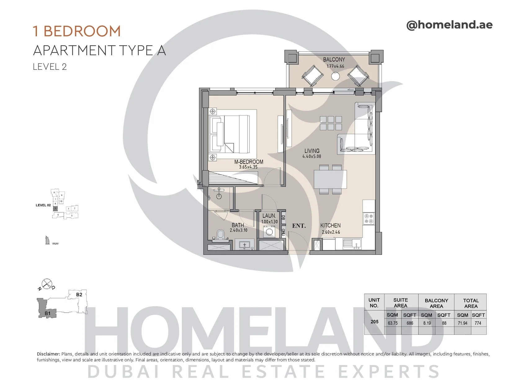 Lamtara, Building 1, 1BR, Type A, Level 2, Unit 205, 774 SQFT