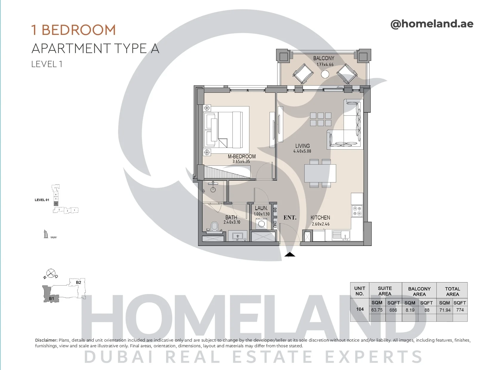Lamtara, Building 1, 1BR, Type A, Level 1, Unit 104, 774 SQFT