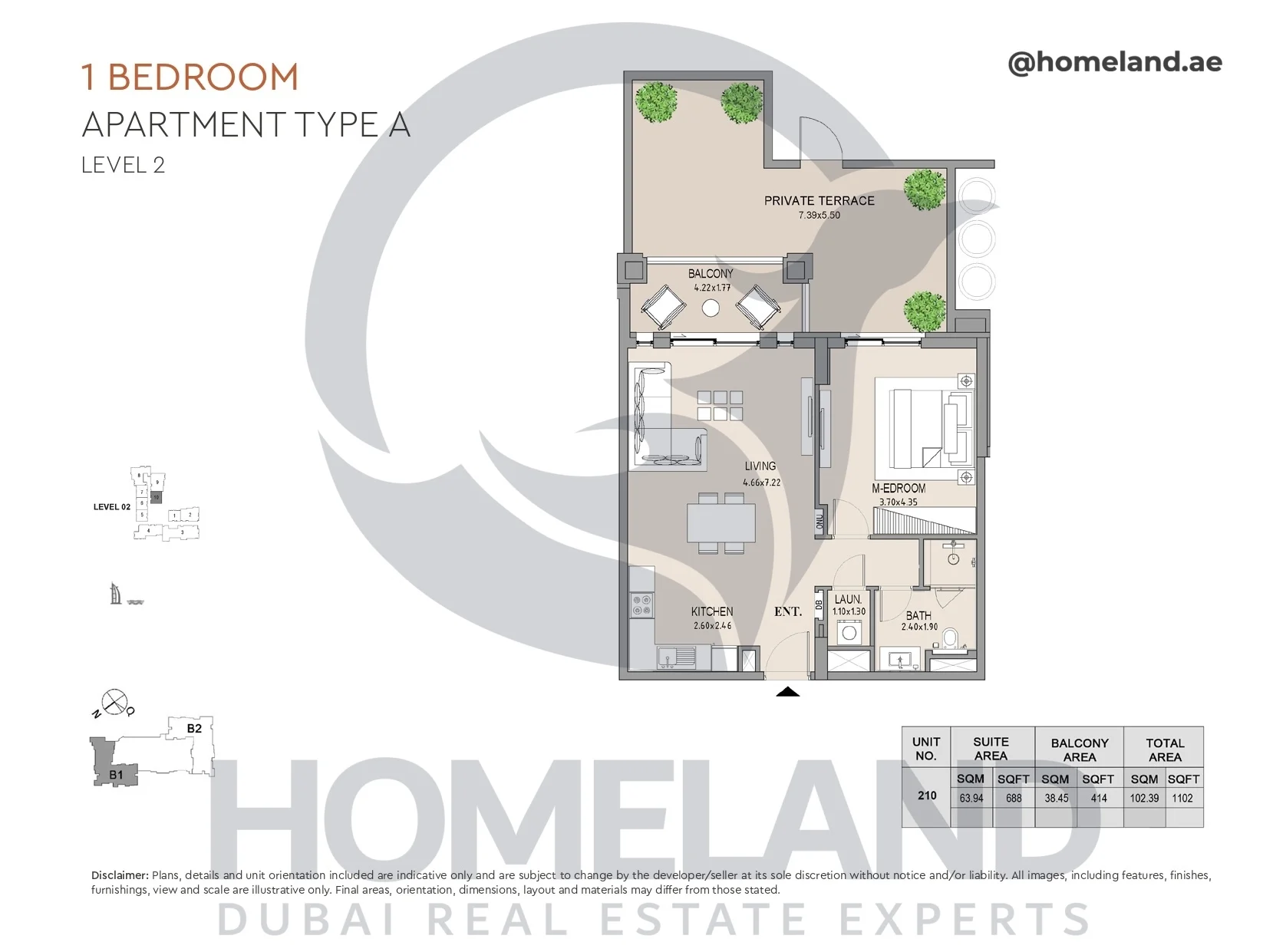 Lamtara, Building 1, 1BR, Type A, Level 2, Unit 210, 1102 SQFT