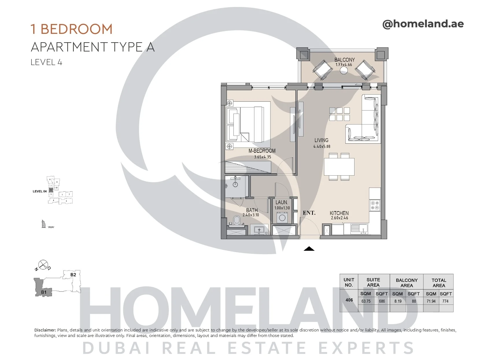 Lamtara, Building 1, 1BR, Type A, Level 4, Unit 406, 774 SQFT