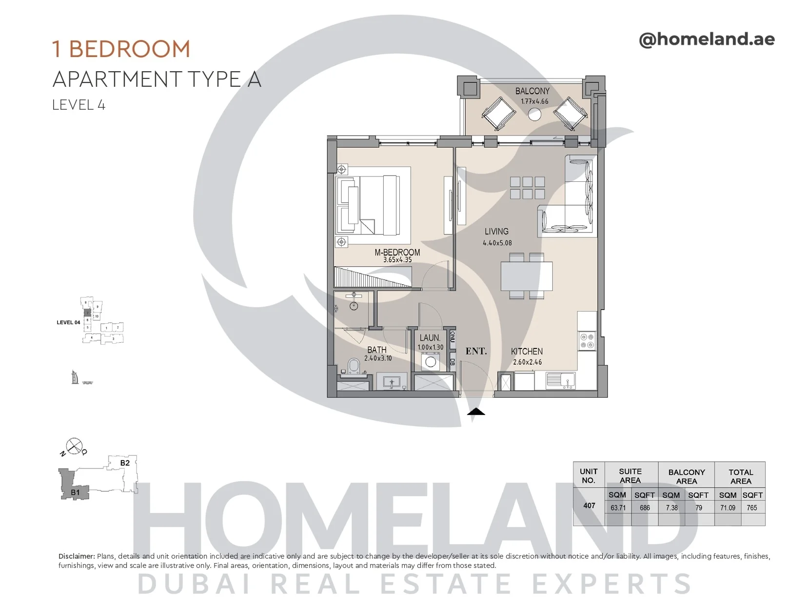 Lamtara, Building 1, 1BR, Type A, Level 4, Unit 407, 765 SQFT