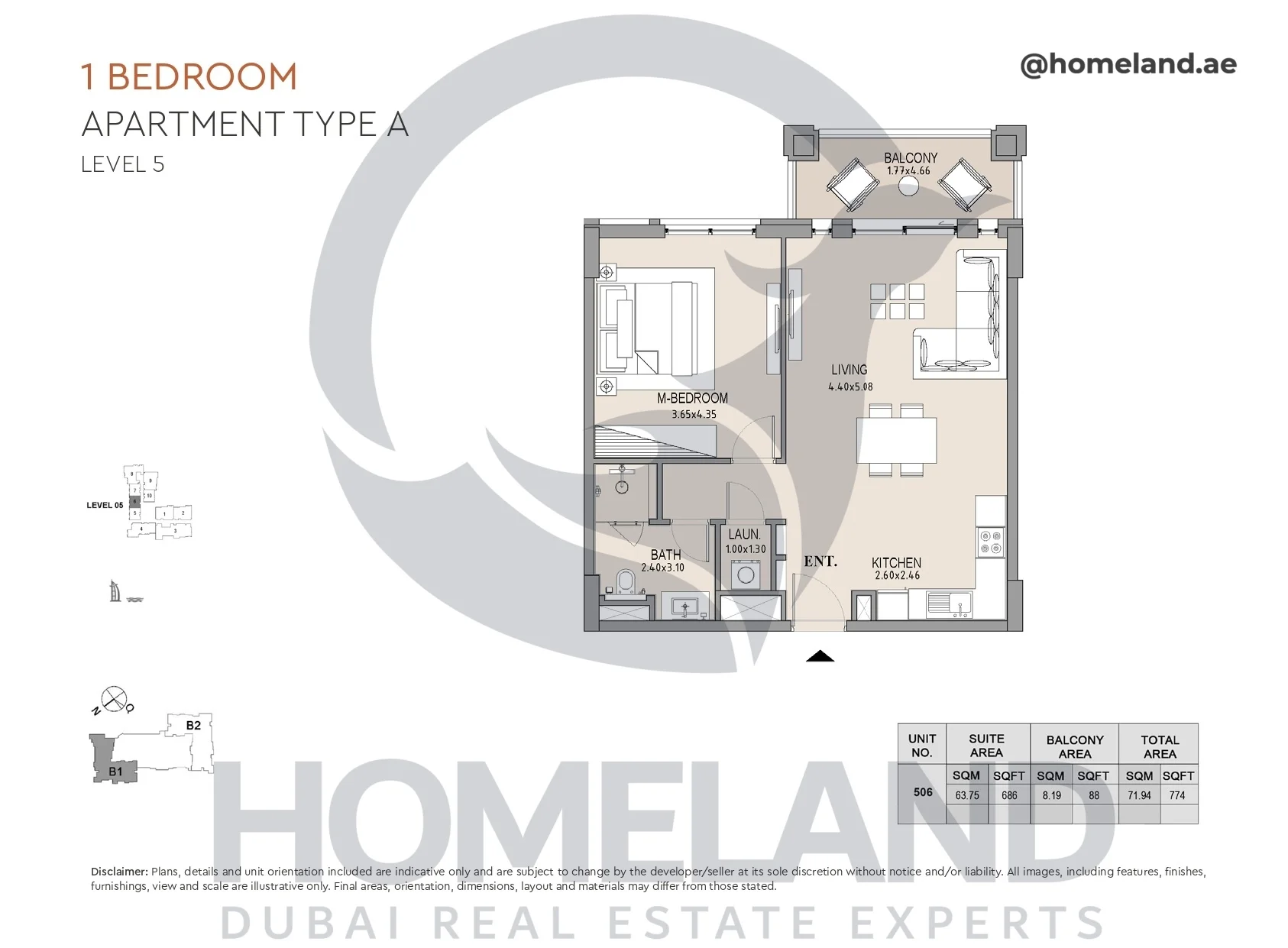 Lamtara, Building 1, 1BR, Type A, Level 5, Unit 506, 774 SQFT