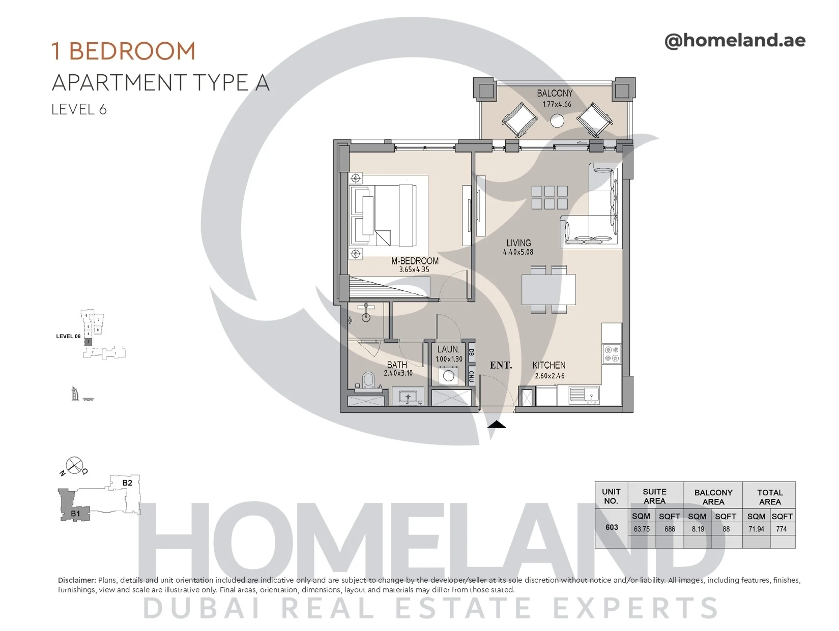 Lamtara, Building 1, 1BR, Type A, Level 6, Unit 603, 774 SQFT