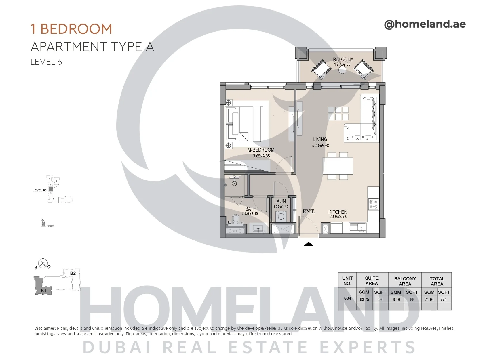 Lamtara, Building 1, 1BR, Type A, Level 6, Unit 604, 774 SQFT