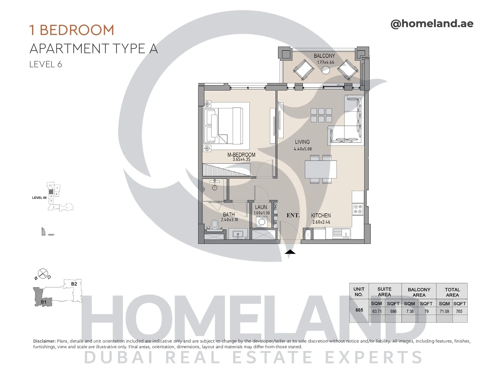 Lamtara, Building 1, 1BR, Type A, Level 6, Unit 605, 765 SQFT