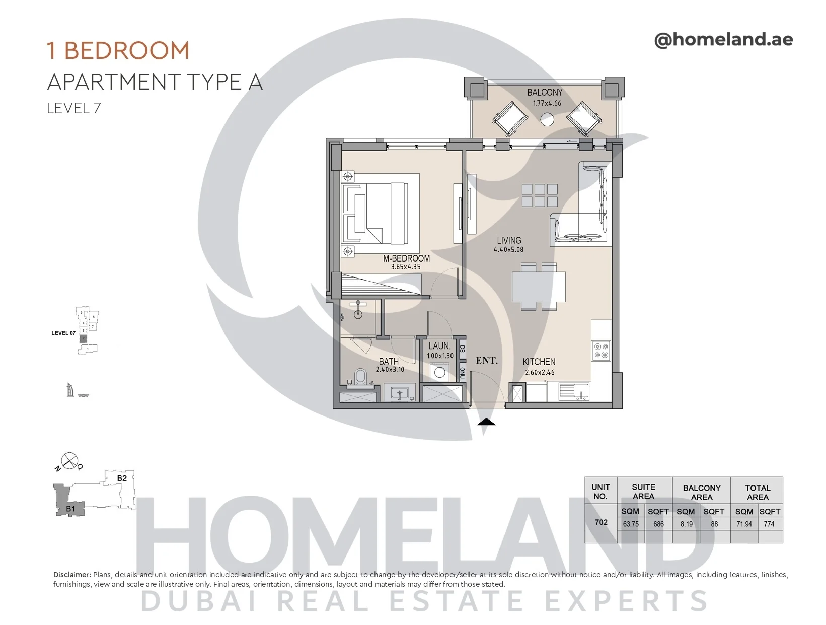 Lamtara, Building 1, 1BR, Type A, Level 7, Unit 702, 774 SQFT
